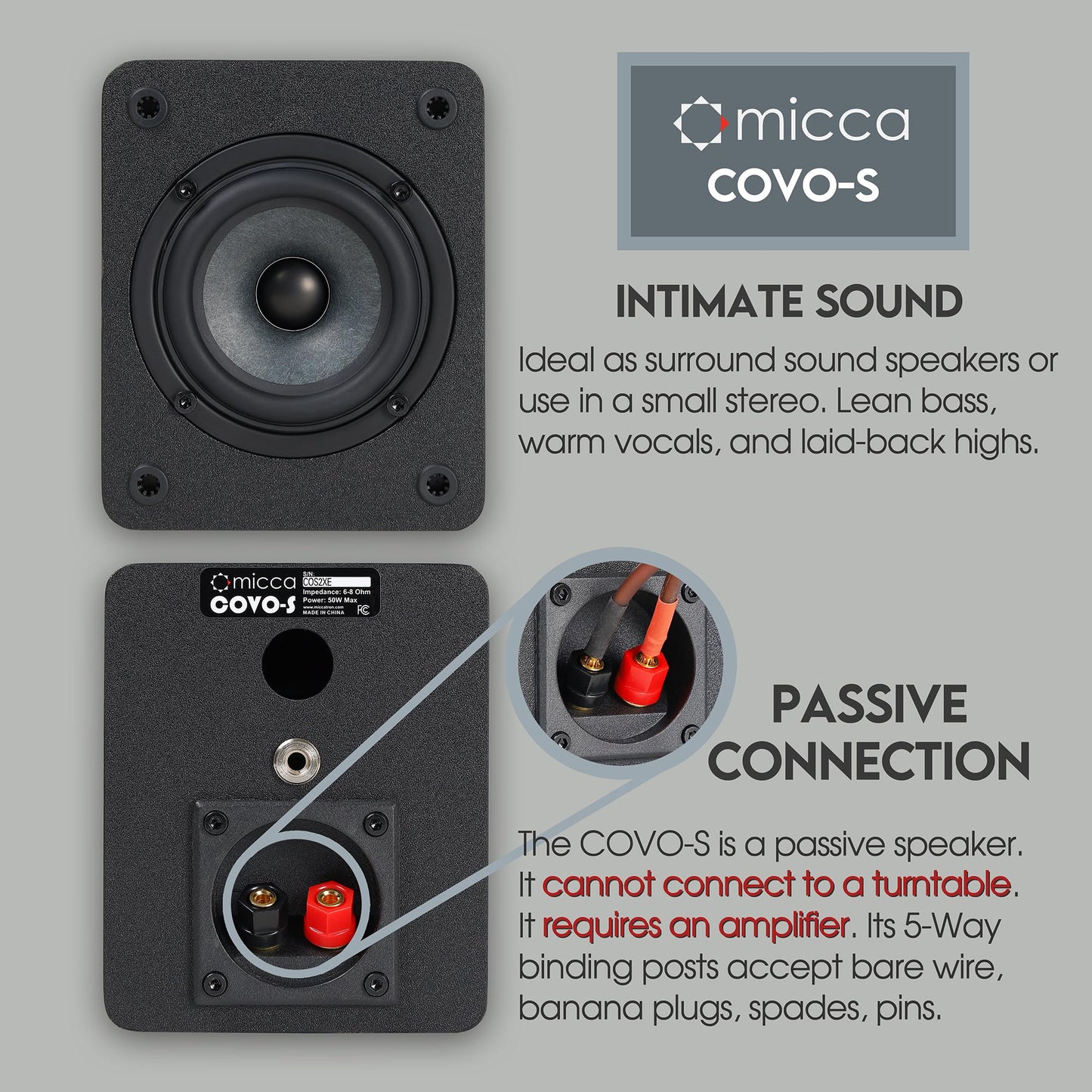 Micca COVO-S 2-Way Passive Bookshelf Speakers, Amplifier Required, Not for Turntable, 3-Inch Woofer, 0.75-Inch Tweeter, Wall Mountable, Pair, Black