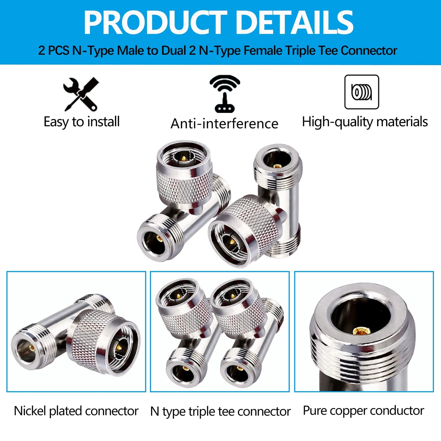 TUOLNK Dual N-Type Male to Female 3-Way Coaxial Adapter, Brass and Nickel Plated, 2 Pack