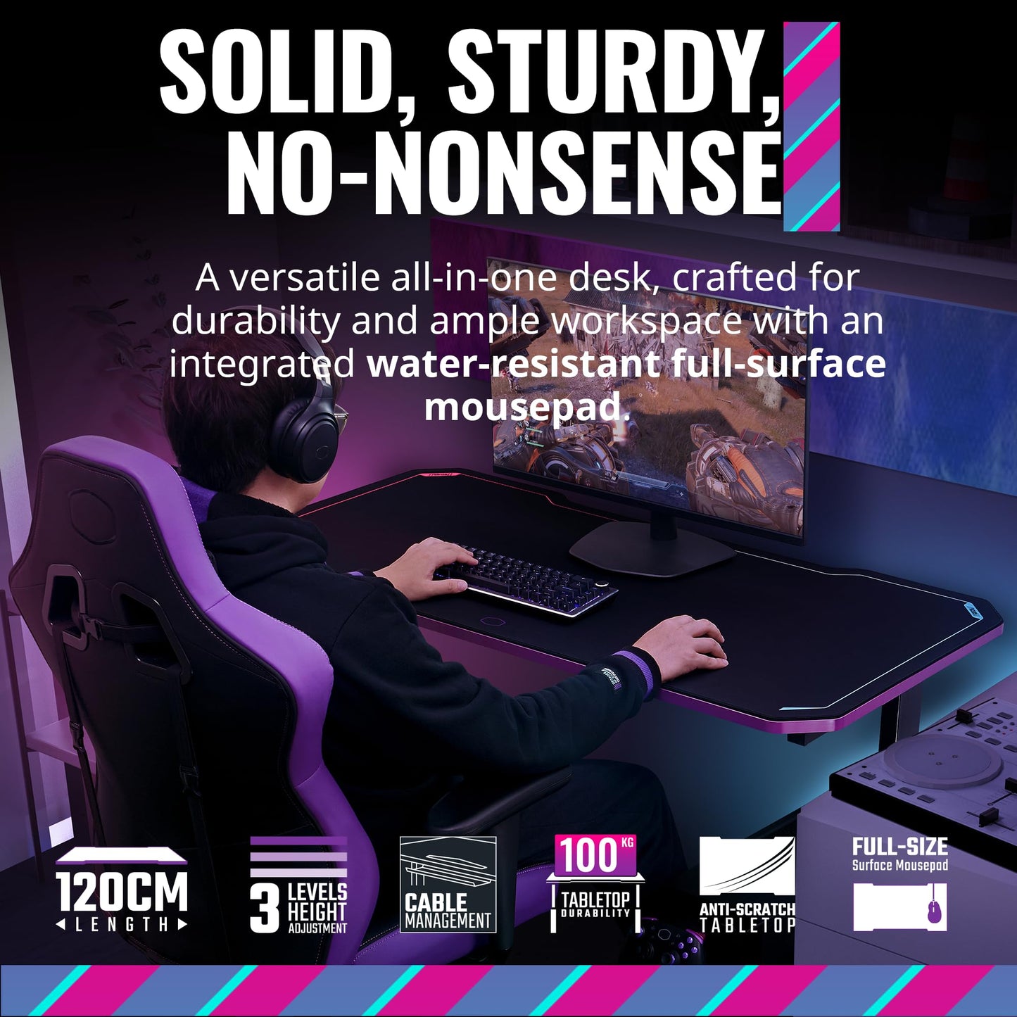 Cooler Master GD120 V1 PC Gaming Desk, Full Surface Water-Repellent Mousepad, 220lbs Weight Support, 3 Height Levels, Cable Management Tray, 47.2D x