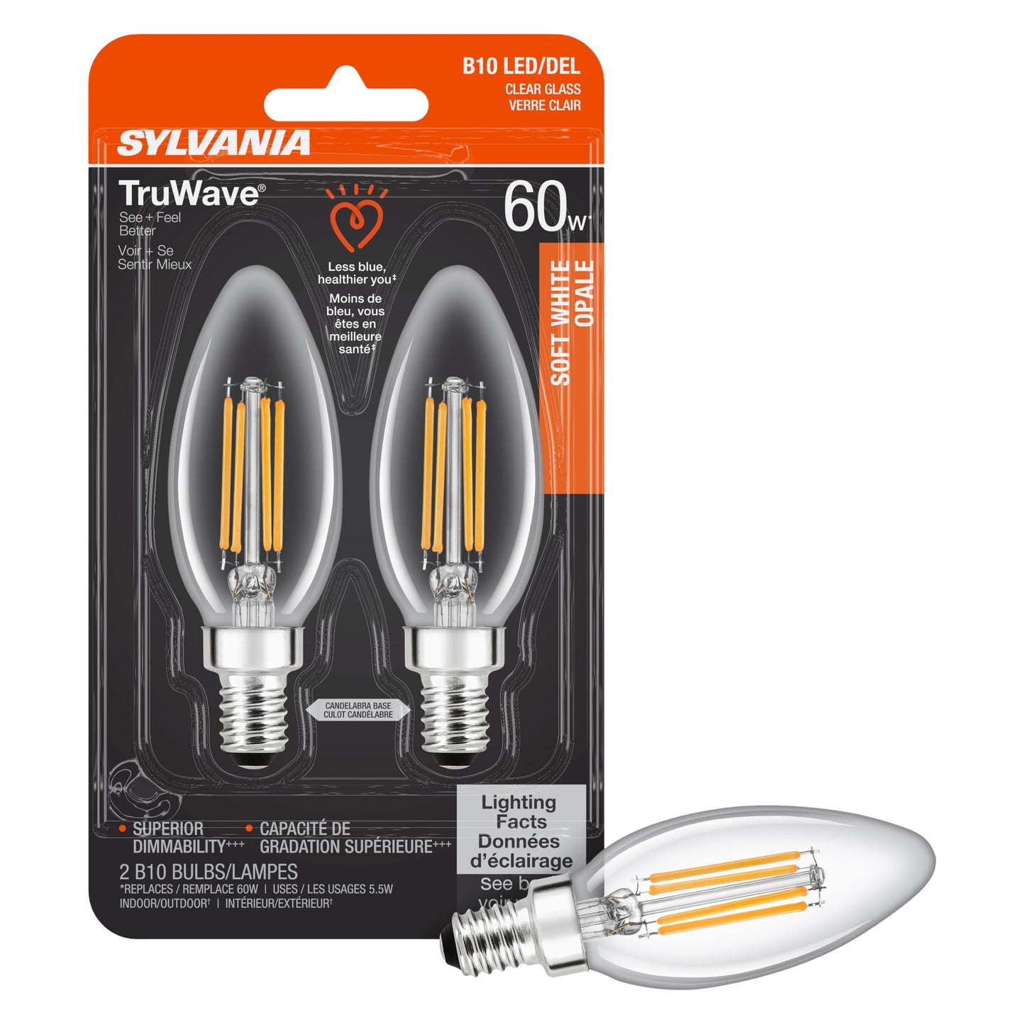 Sylvania LED TruWave Natural Series Décor B10 Light Bulb, 60W Equivalent Efficient 5.5W, Candelabra Base, Dimmable, Clear 2700K, Soft White - 2 Pack