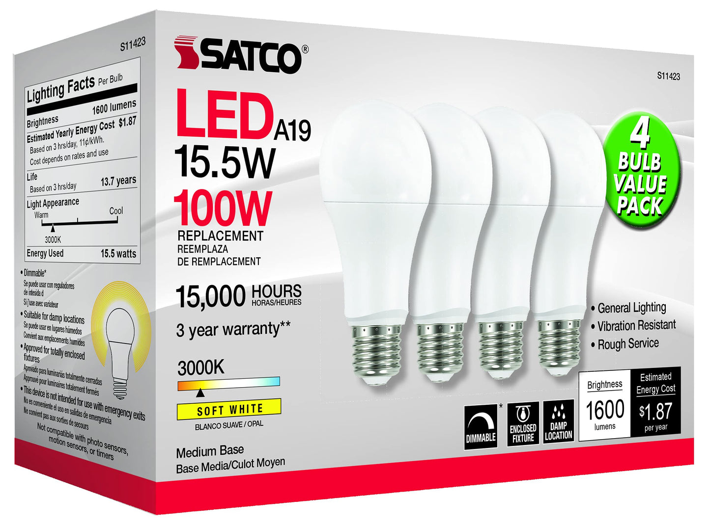 Satco 15.5w 120v A19 LED E26 Medium Base 1600 Lumens 3000k (4 LED Light Bulbs)