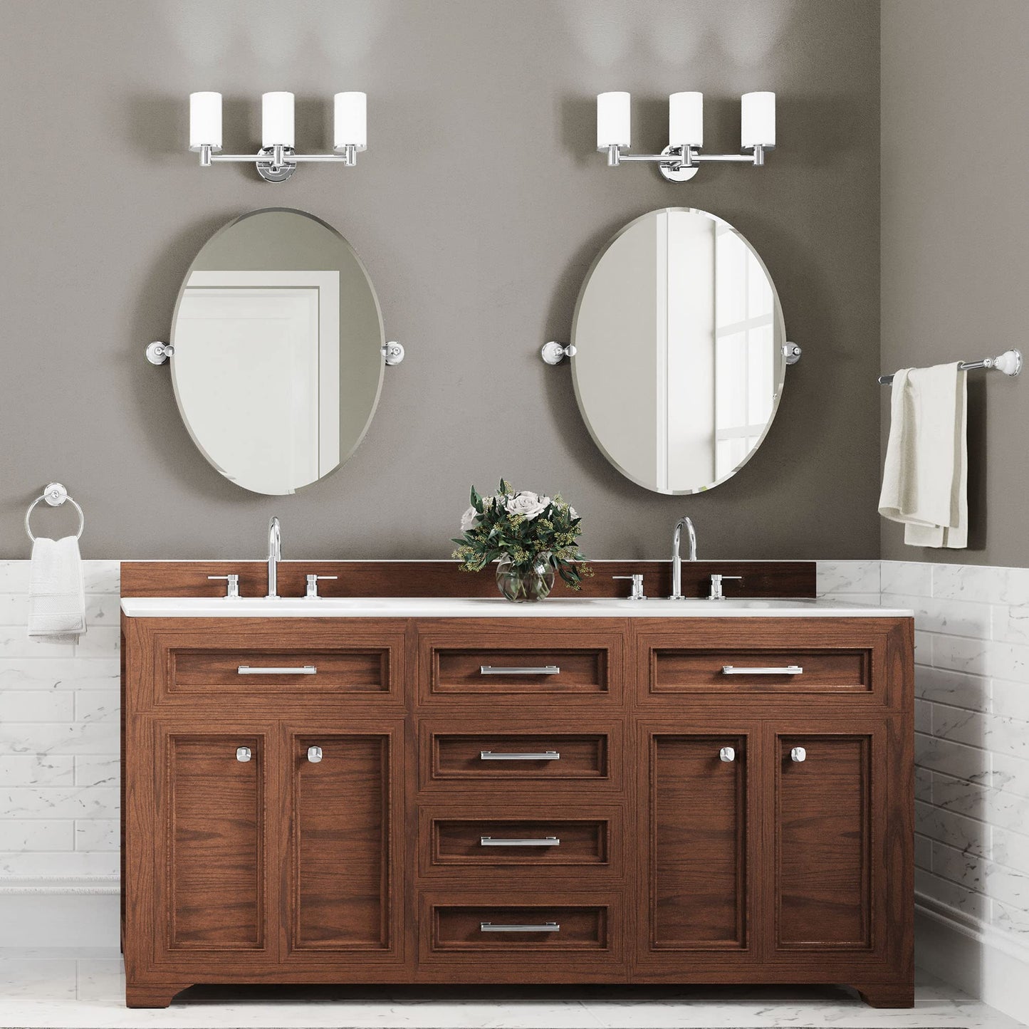 Gatco 1686 Latitude II 3-Light Bathroom Vanity Light Fixture, Wall Mounted, 19.65-Inch W x 9.5-Inch H, Chrome, Frosted Glass Shades, Triple Sconce