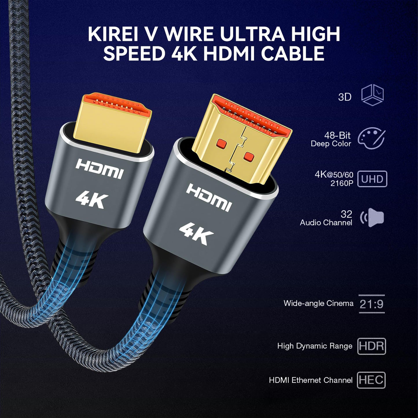 Kirei V Wire High-Speed 4K HDMI Cable 5-Pack, 1M/3.3 FT 18Gbps 2.0 Version, Supports 4K@60Hz HDR HDCP 2.2 UHD 2160p 1080p 3D, Braided Cord for PS3/4