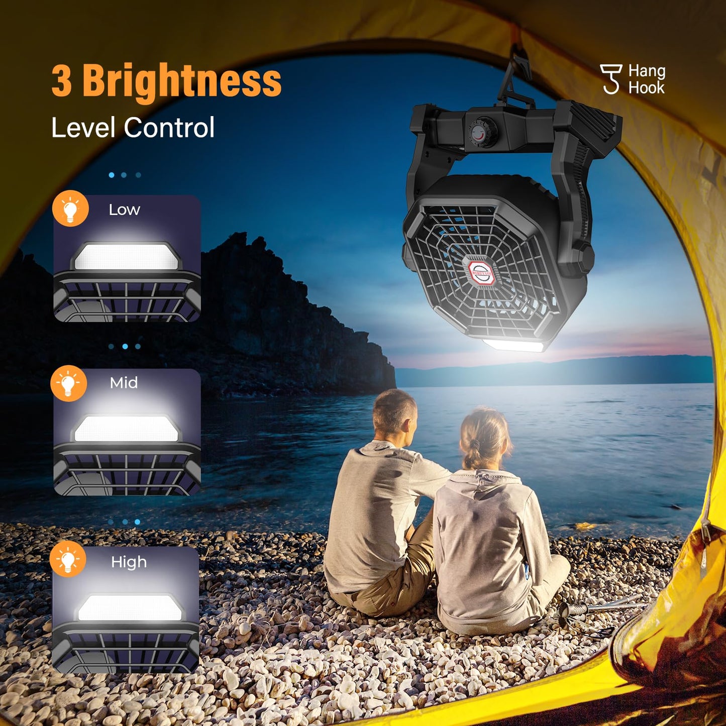 JINLICTE Solar Fan with LED Lantern, Camping Fan with 7W Solar Panel, Rechargeable Solar Powered for Outside, Quiet Battery Operated Tent for Picnic