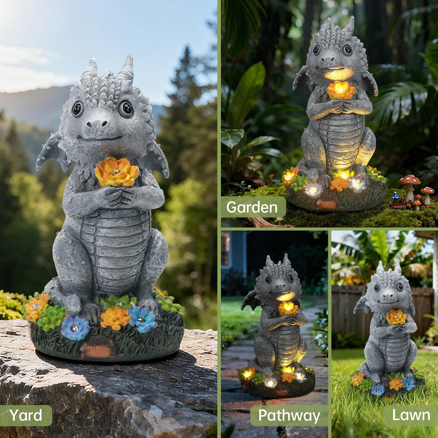 IDEA SHOW Solar Garden Outdoor Statues Dragon with Succulent, Lawn Decor with LED Lights, Outside Statue for Patio, Balcony, Yard Ornament