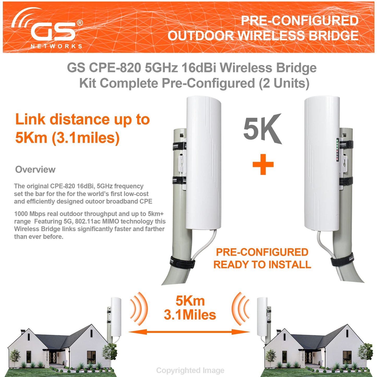 Wireless Bridge Point to Point Outdoor WiFi, Wireless Network Expansion Kit, Long Range High Speed 5G | 2 Units Bridge Kit Complete Pre-Configured