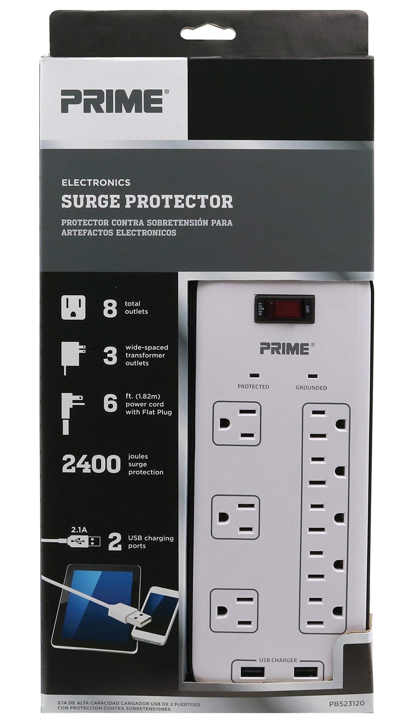 Prime Wire & Cable Prime Wire PB523120 8-Outlet Electronics Surge Protector with 14-3 SJT 6 Foot Cord, White