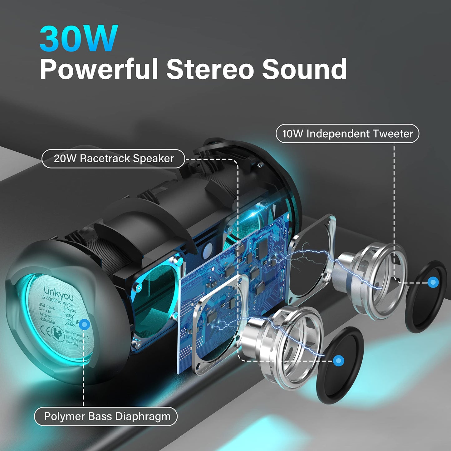 Generic Linkyou Bluetooth Speakers Portable Wireless Speaker with 30W Stereo Sound, Upgraded Portable Speaker Black, IPX7 Waterproof Shower Speaker