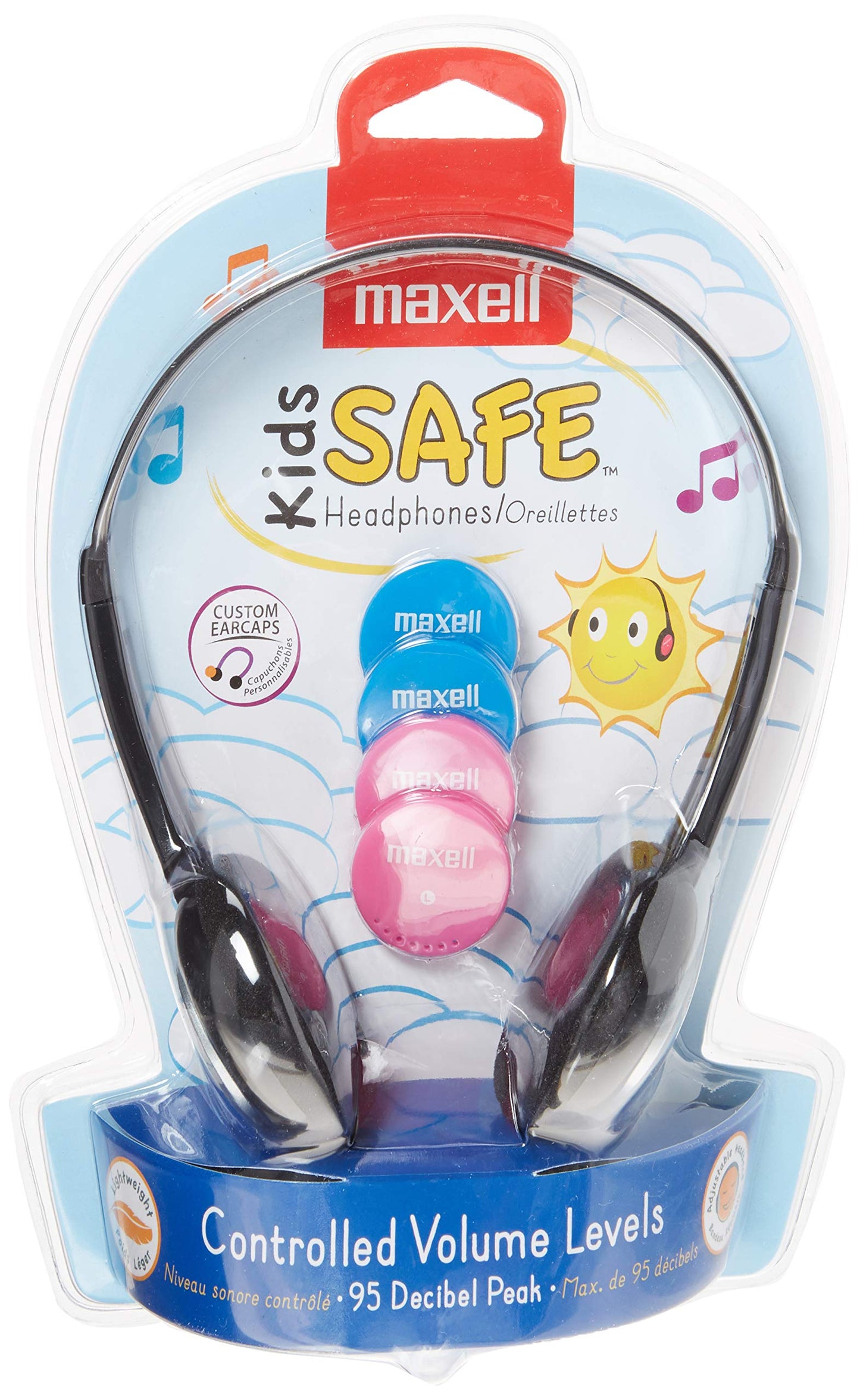 Maxell Kids Safe Headphones, 4 ft Cord, Black with Interchangeable Pink/Blue/Silver Caps