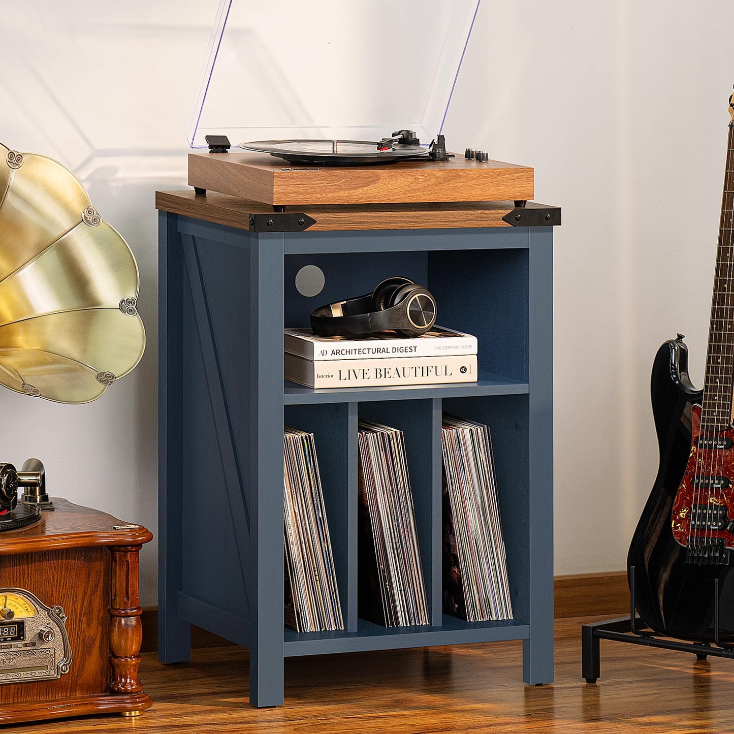 Joaxswe Record Player Stand with Vinyl Record Storage,Navy Blue Record Player Table Holds up to 160 Albums,Large Wood Turntable Stand Cabinet Dispaly