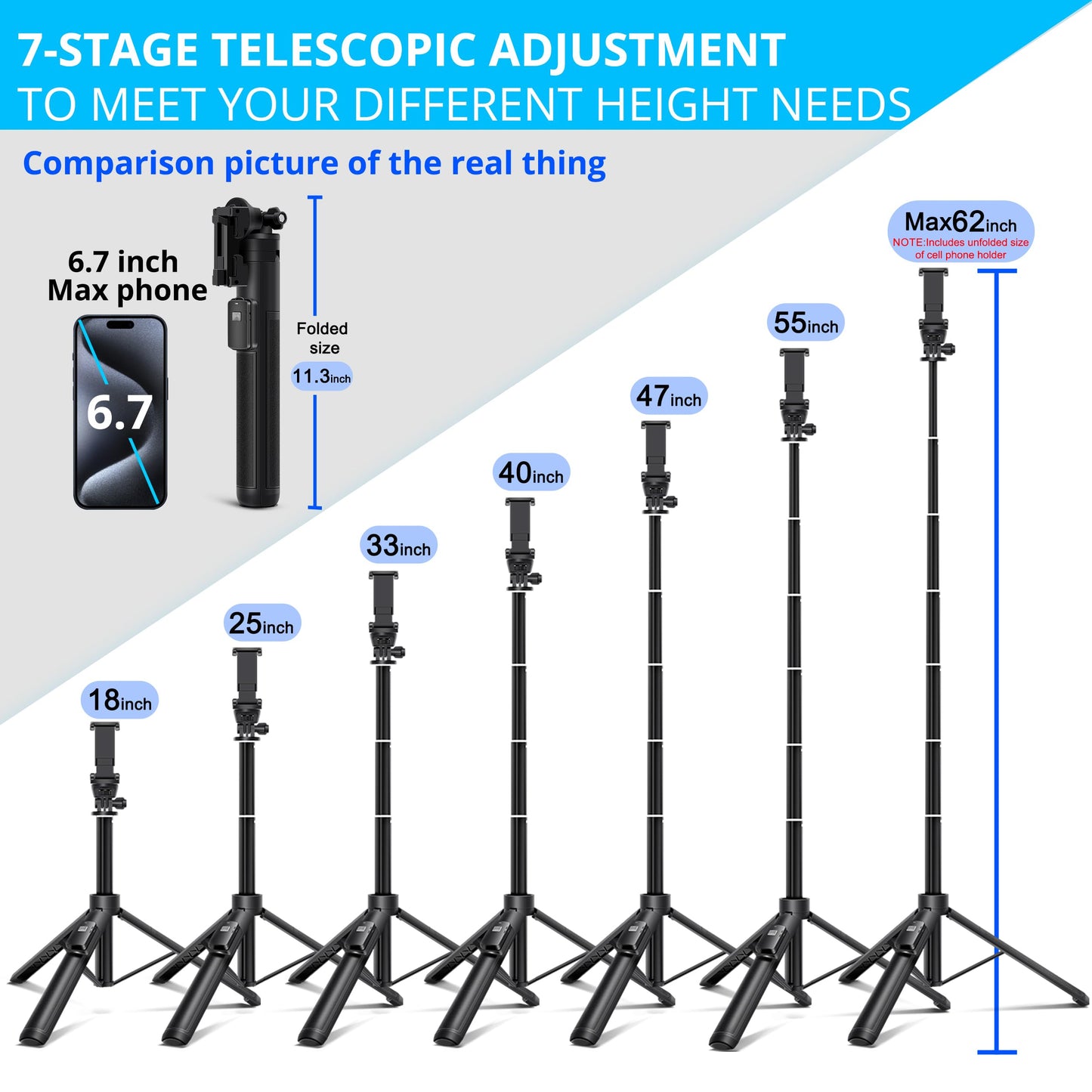 BZE 62 inches Extendable Selfie Stick Tripod with Wireless Remote & Phone Holder, Portable Aluminum Alloy 3 in 1 Stand for Group Photos, Vlogging