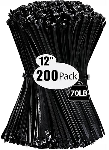 200 Pack Zip Wire Ties 12 Inch Cable Zip Ties Black Tie Wraps with 70 Pounds Tensile Strength, Self-Locking Cable Ties, UV Resistant Thick Nylon Wire