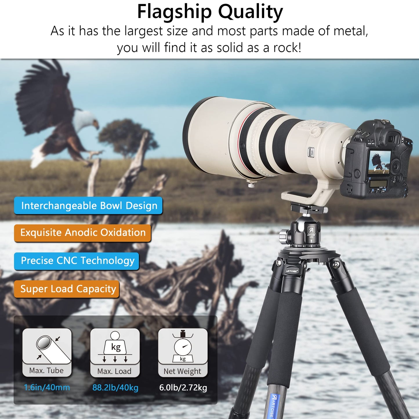 Carbon Fiber Tripod Heavy Duty Bowl Tripod ARTCISE AS90C Ultra Stable Carbon Stand with 75mm Bowl and Adapter 10 Layers Carbon Fiber 40mm Leg Tube Max