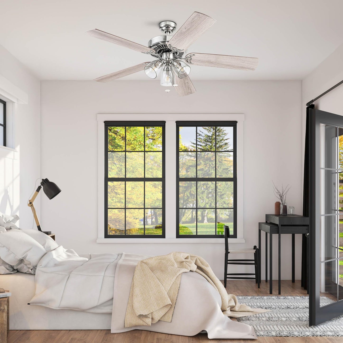 Prominence Home Saybrook Modern Farmhouse 52 Inch Ceiling Fan with Light, LED Ceiling Fan, Tri-Mount Indoor Fan with 5 Blades, Gray Oak and Brown
