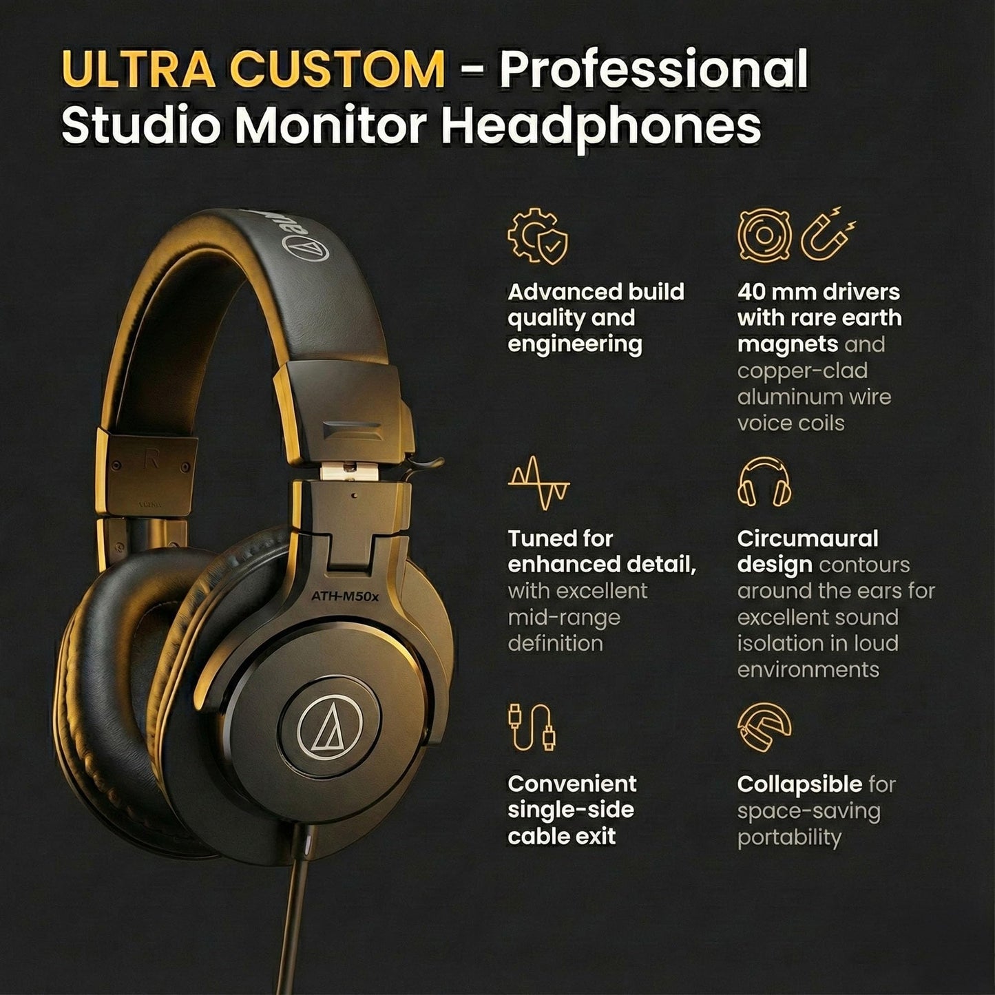 Audio-Technica ATH-M30x Professional Monitor Headphones - Black Bundle with Case, Stand, Pouch, and Austin Bazaar Polishing Cloth