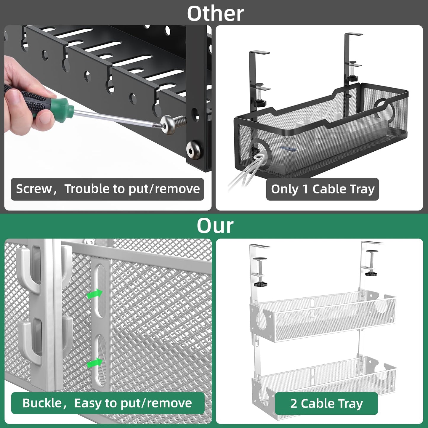 Multi-Model Under Desk Cable Management 2 Pack Metal Under Desk Wire Management Tray Clamp Mount Under Table Cord Management No Damage The Desk?White?