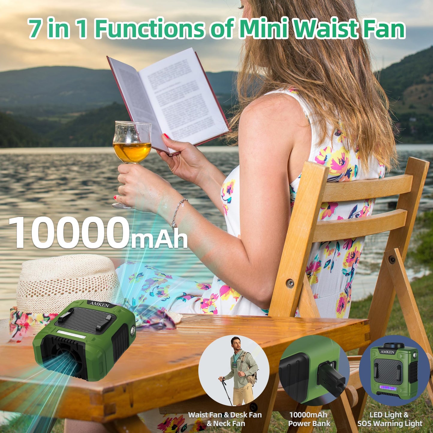 AMKEN Waist Fan, 10000mAh Rechargeable Belt Clip Fan, 24H Runtime, 49ft/s Strong Airflow, 3-Speed 7-in-1 Hands-Free Wearable with LED SOS Warning