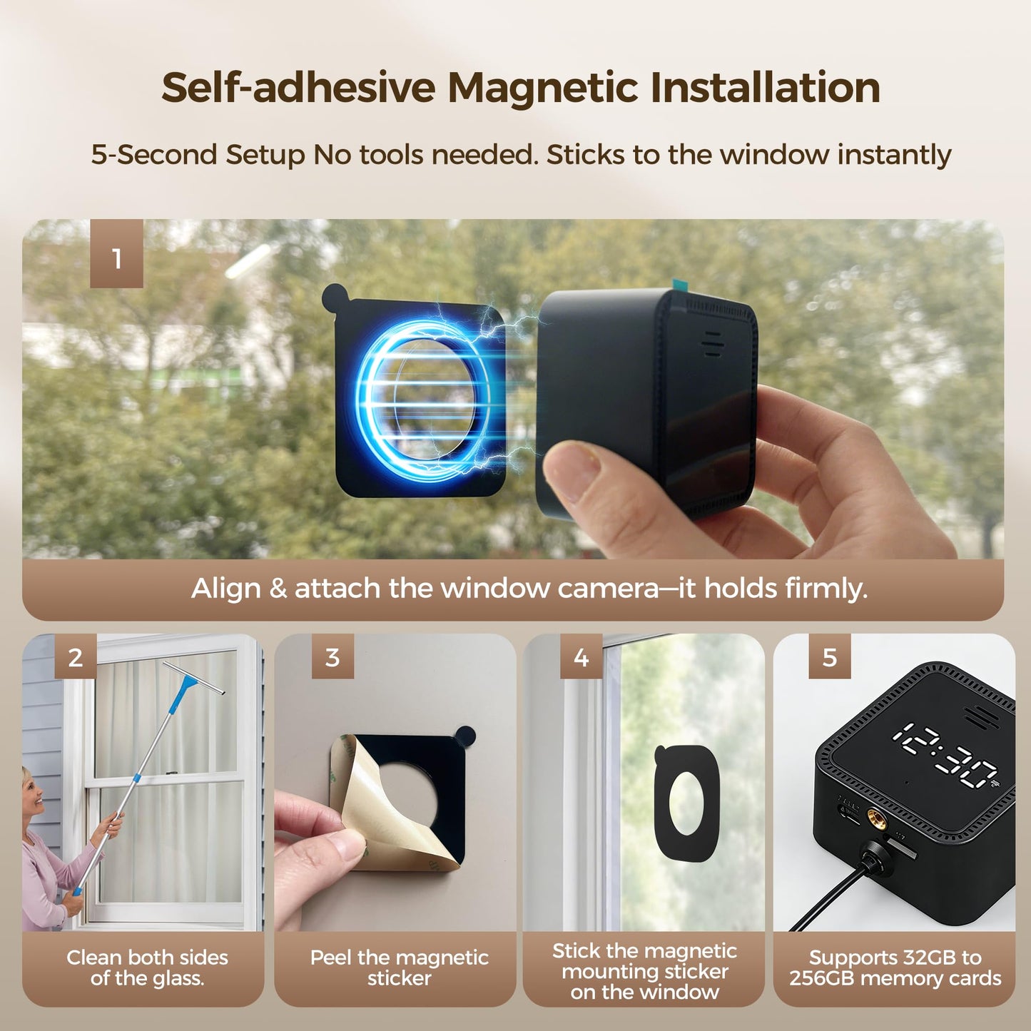 Zoall 3MP/2K Magnetic Window Camera for Home- 5G&2.4GHz WiFi Wireless Indoor/Outdoor Security Cameras with Full-Color Night Vision, Real-Time Clock