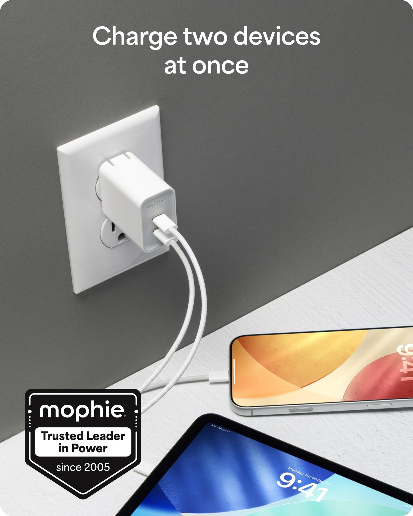 Mophie Speedport 45 GAN USB-C Charger Block - 45W Fast Wall Charger, 2× USB?C PD Ports, Compact Foldable Prongs, Made with Recycled Materials
