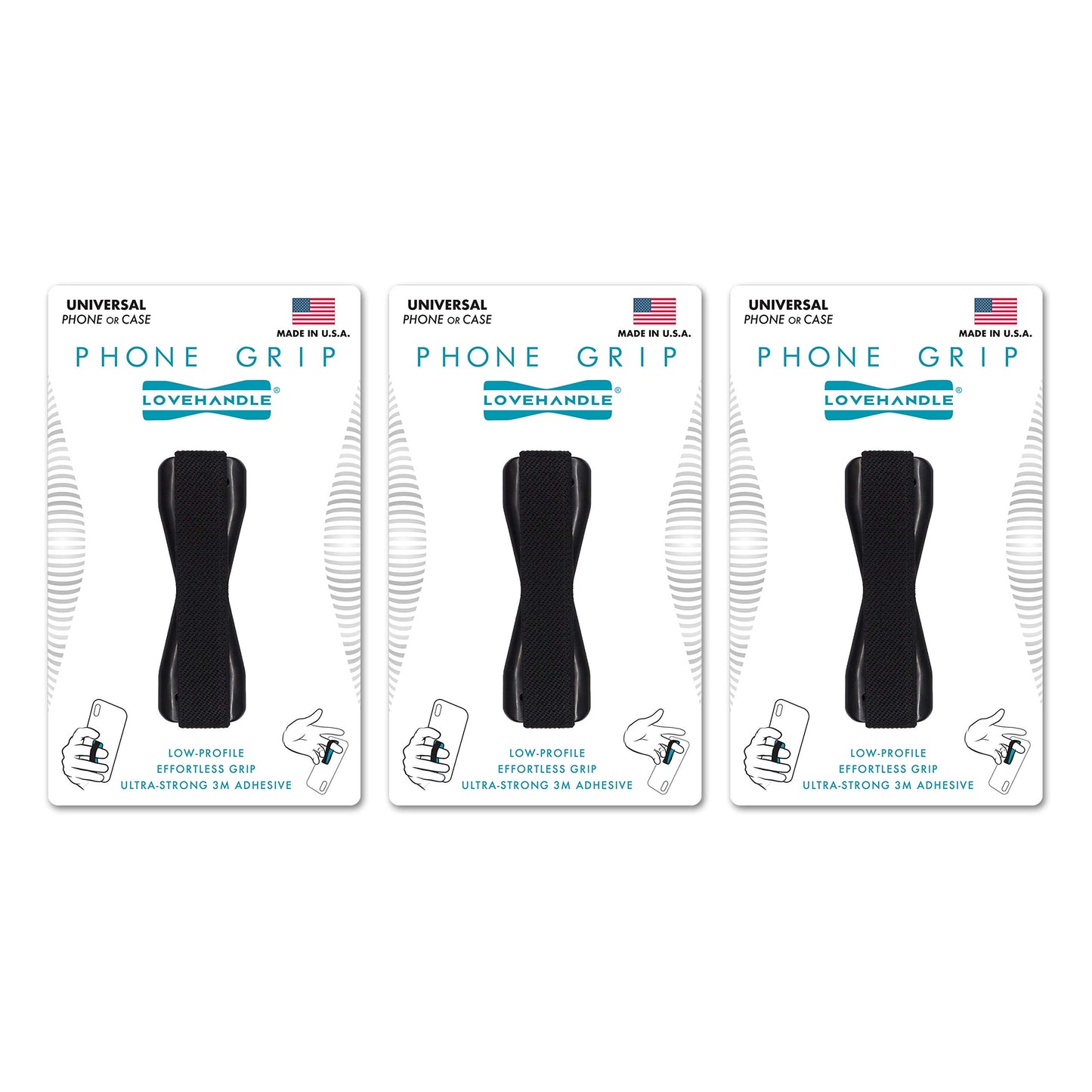 LOVEHANDLE Universal Phone Grip for Most Smartphones, Mini Tablets and Cases, Black Elastic Strap with Black Base, Pack of 3, LH-03
