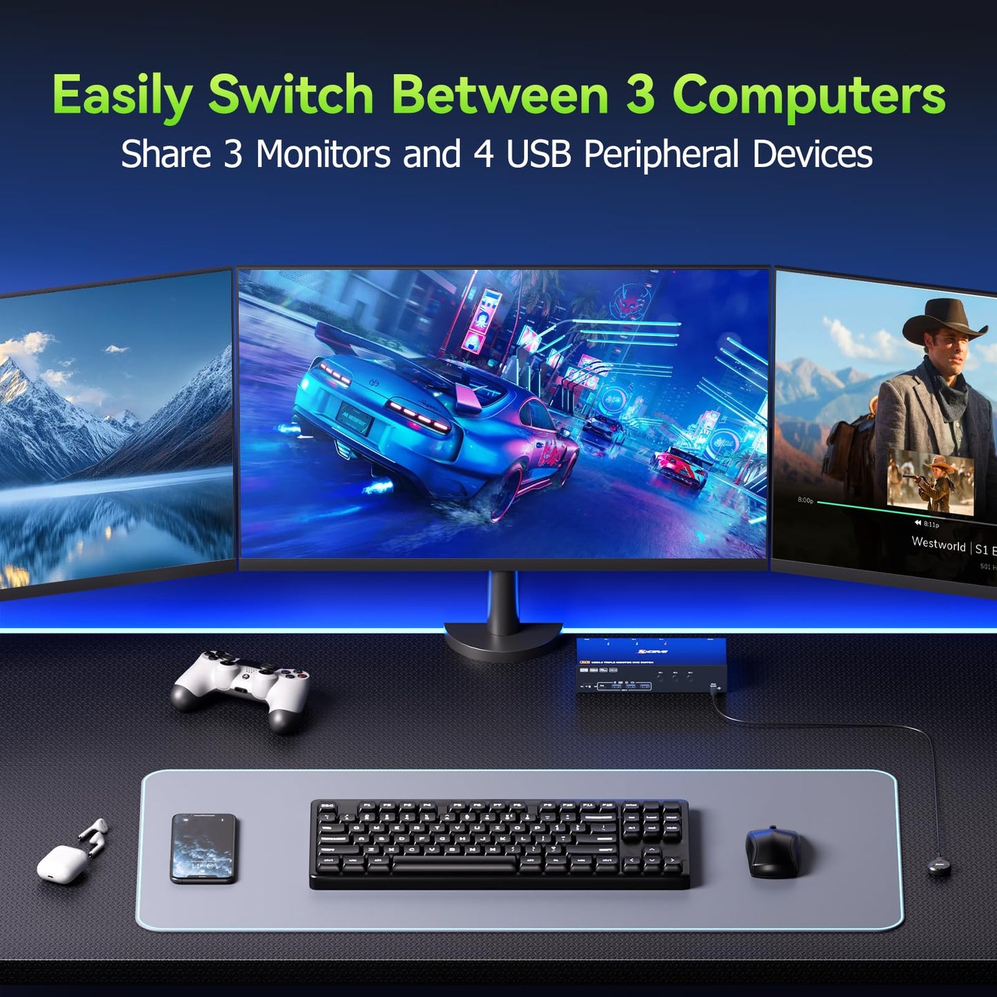 KVM Switch 3 Monitors 3 Computers 4K@60Hz,EDID Simulation,HDMI Displayport Triple Monitor KVM Switch,3 Monitor KVM with 4 USB 3.0 Ports for Keyboard