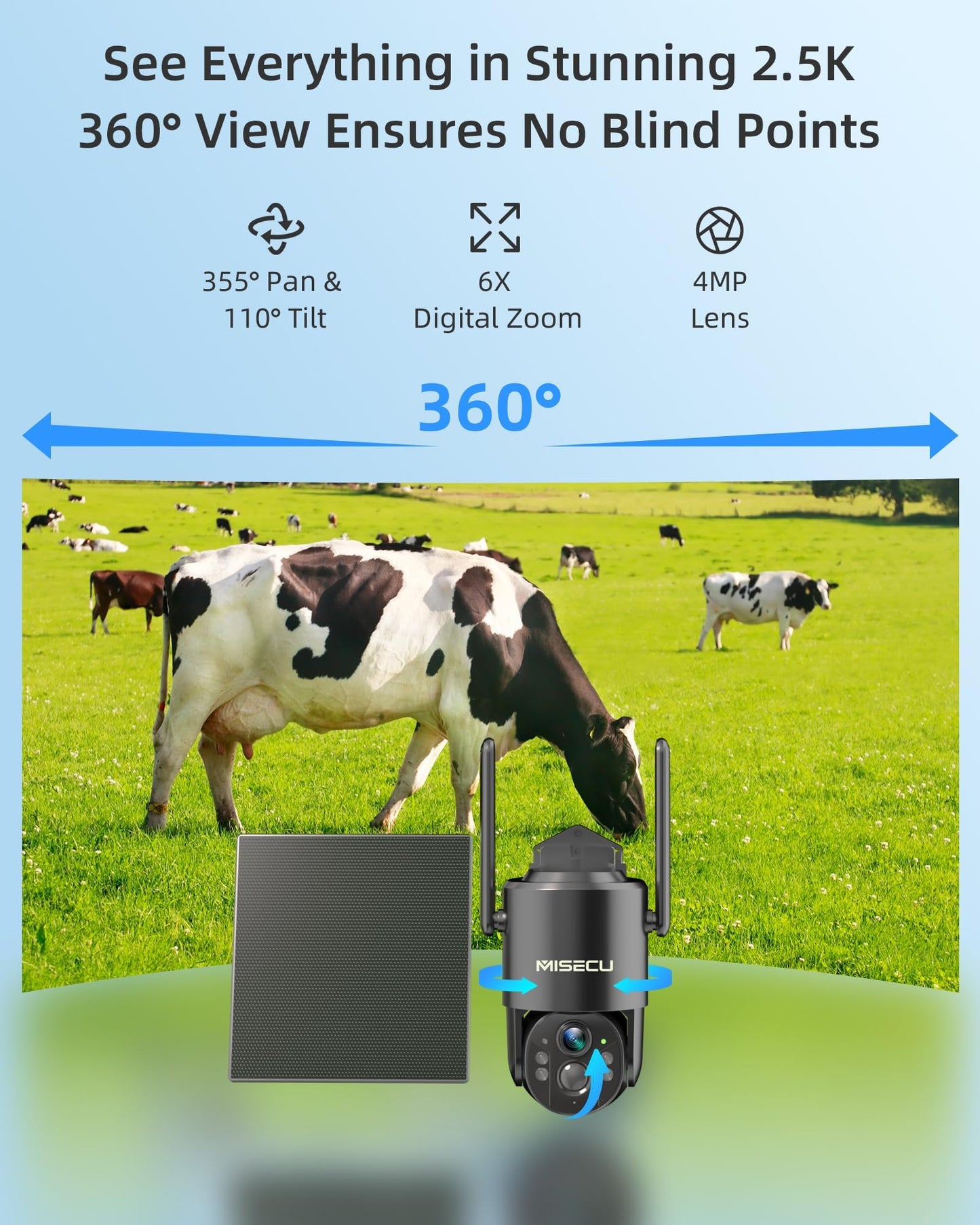 MISECU 4G LTE Cellular Security Camera, 2.5K Solar Outdoor Cam Wireless Without WiFi Needed, 360° PTZ Live View Off Grid Camera, AI Motion Detection