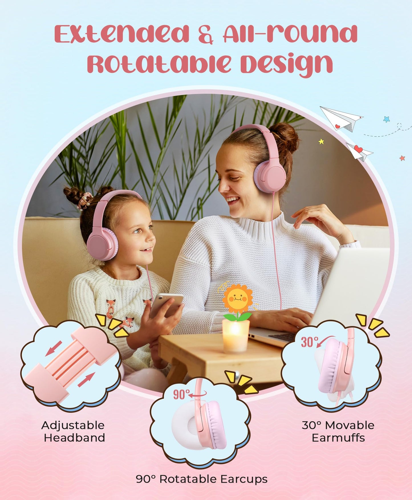 DyBaxa Kids Headphones, Wired Foldable On-Ear Headphones for Kids, Volume Limiter 94dB, Kid Headphones for School Classes Travel, 3.5mm Jack Kids