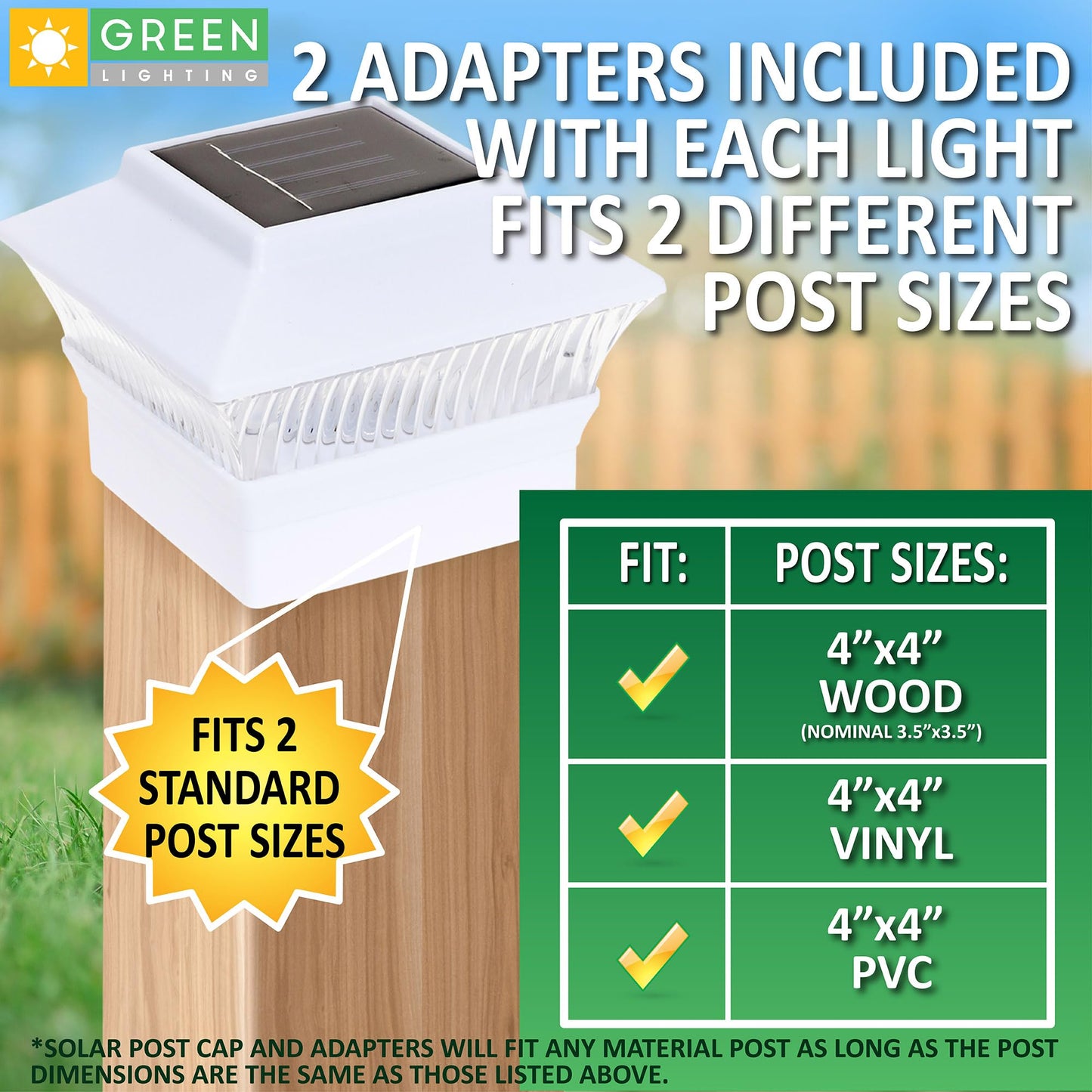 GreenLighting Standard #1 Solar Post Cap Lights Fits 4x4 Nominal Wood, 4x4 PCV/Vinyl Posts, Outdoor Fence Solar Powered Light, Landscaping, Deck