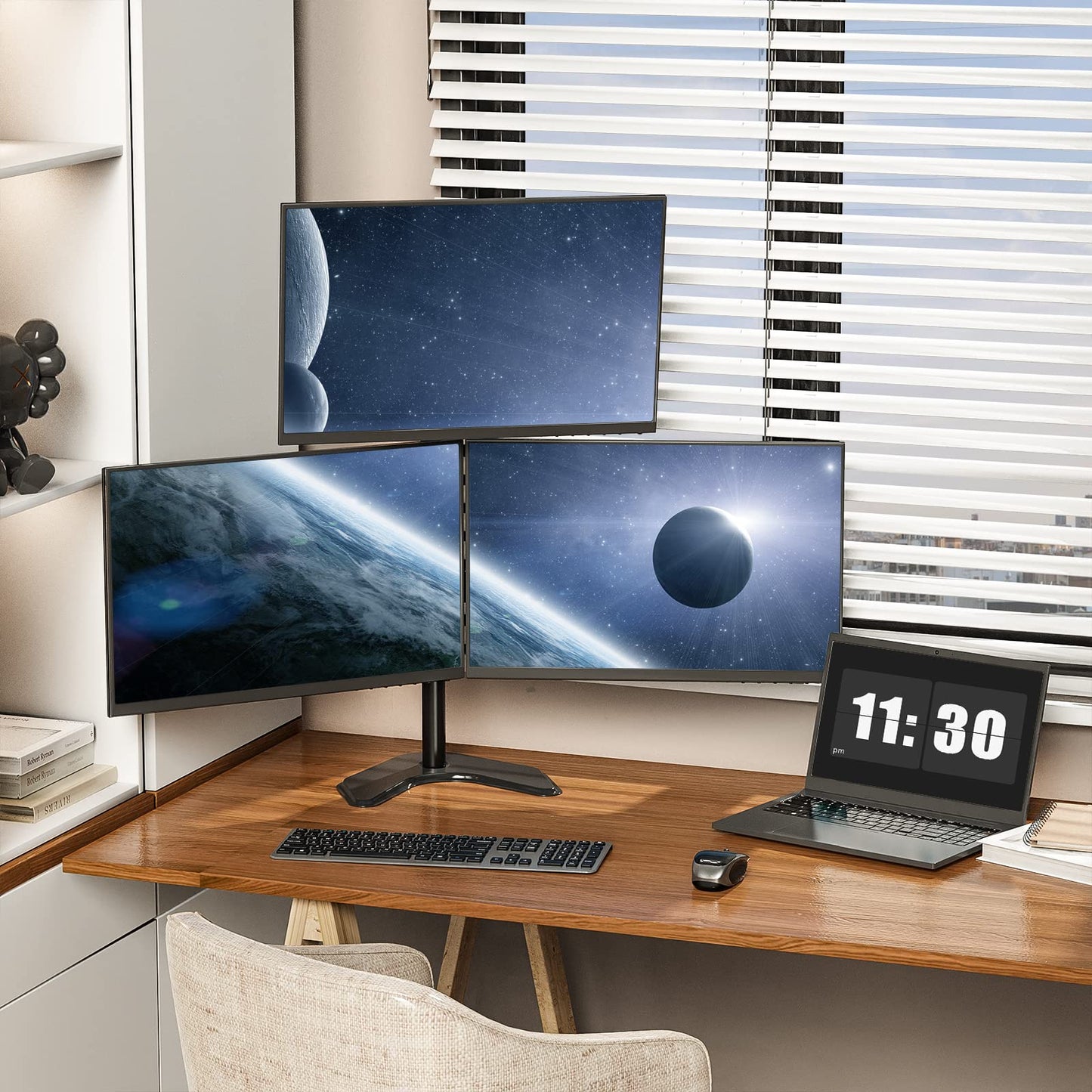WALI Triple Monitor Stand, Free Standing Three Monitor Desk Mount Fully Adjustable, Fits 3 Screens up to 27 inch, 22 lbs Weight Capacity per Arm
