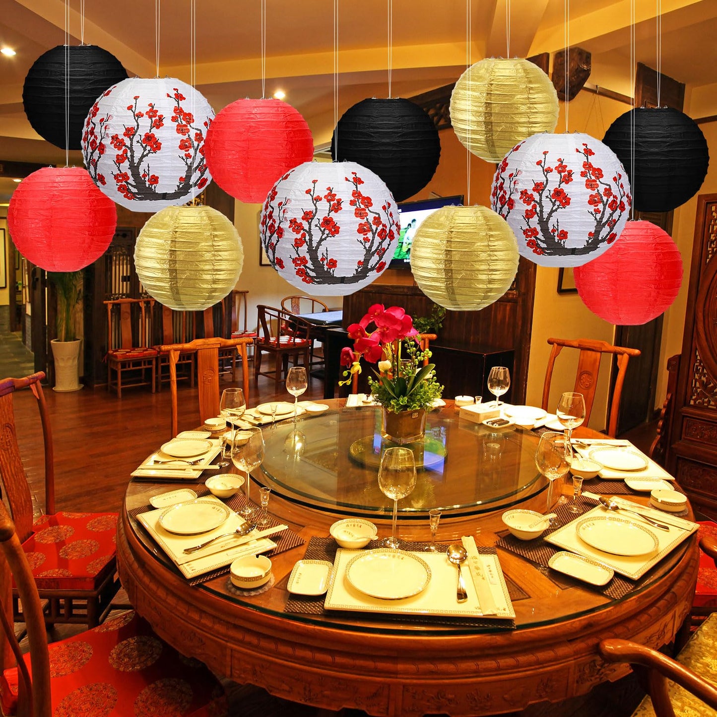 Mudder 20 Pieces Chinese Japanese Paper Lanterns, Cherry Flowers Paper Lanterns for Hibachi Birthday Party Asia Home Restaurant Wedding Home Decor(Red