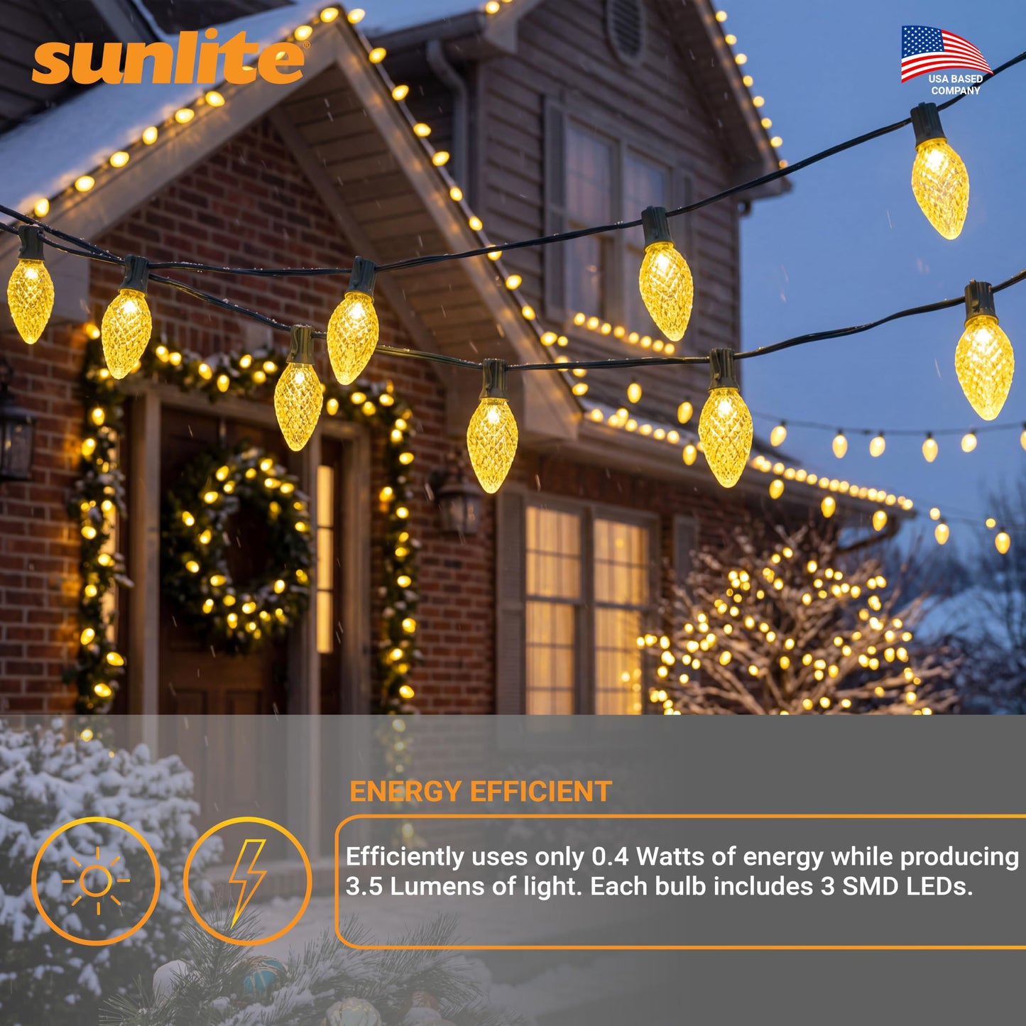 Sunlite 40462 LED C7 Holiday Decorative Light Bulb, 0.4 Watts, E12 Candelabra Base, Faceted Christmas-Lights; Nightlight, Yellow