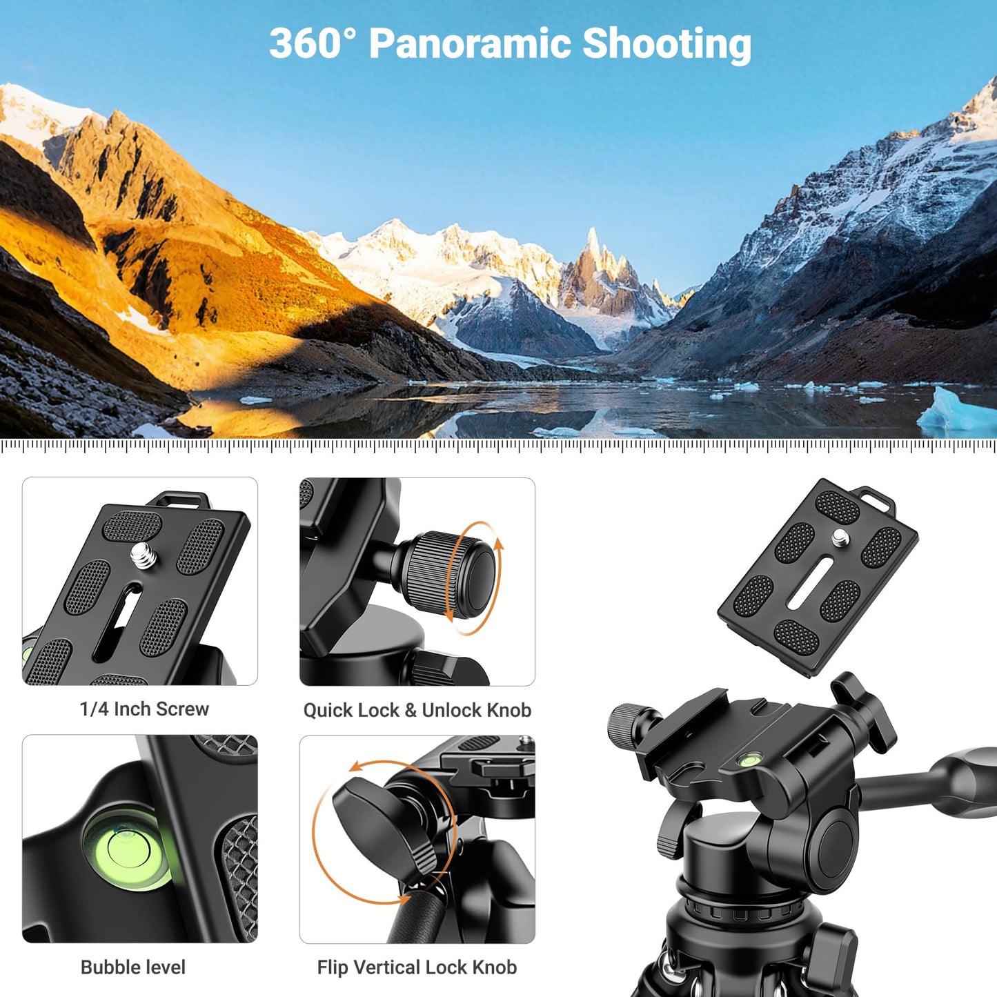 Joilcan 66" Travel Tripod for Camera, Aluminum Compact Tripod with Pan Head, Detachable Center Axis, Cell Phone Holder & Carry Bag, Max Load 22lbs