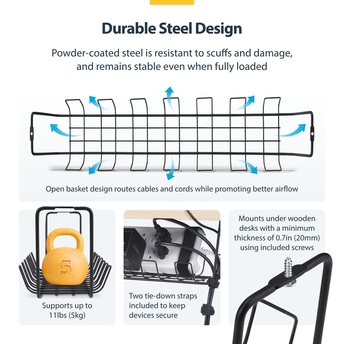 StarTech Under Desk Cable Management Tray, Black (S1MB-Desk-Cable-Tray)