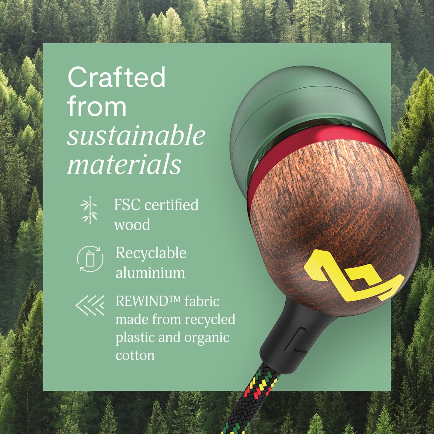 House of Marley Smile Jamaica USB-C Wired Earbuds with Microphone, in-Ear Headphones, 9.2mm Driver, Tangle-Resistant Cable, Plug-and-Play Earphones