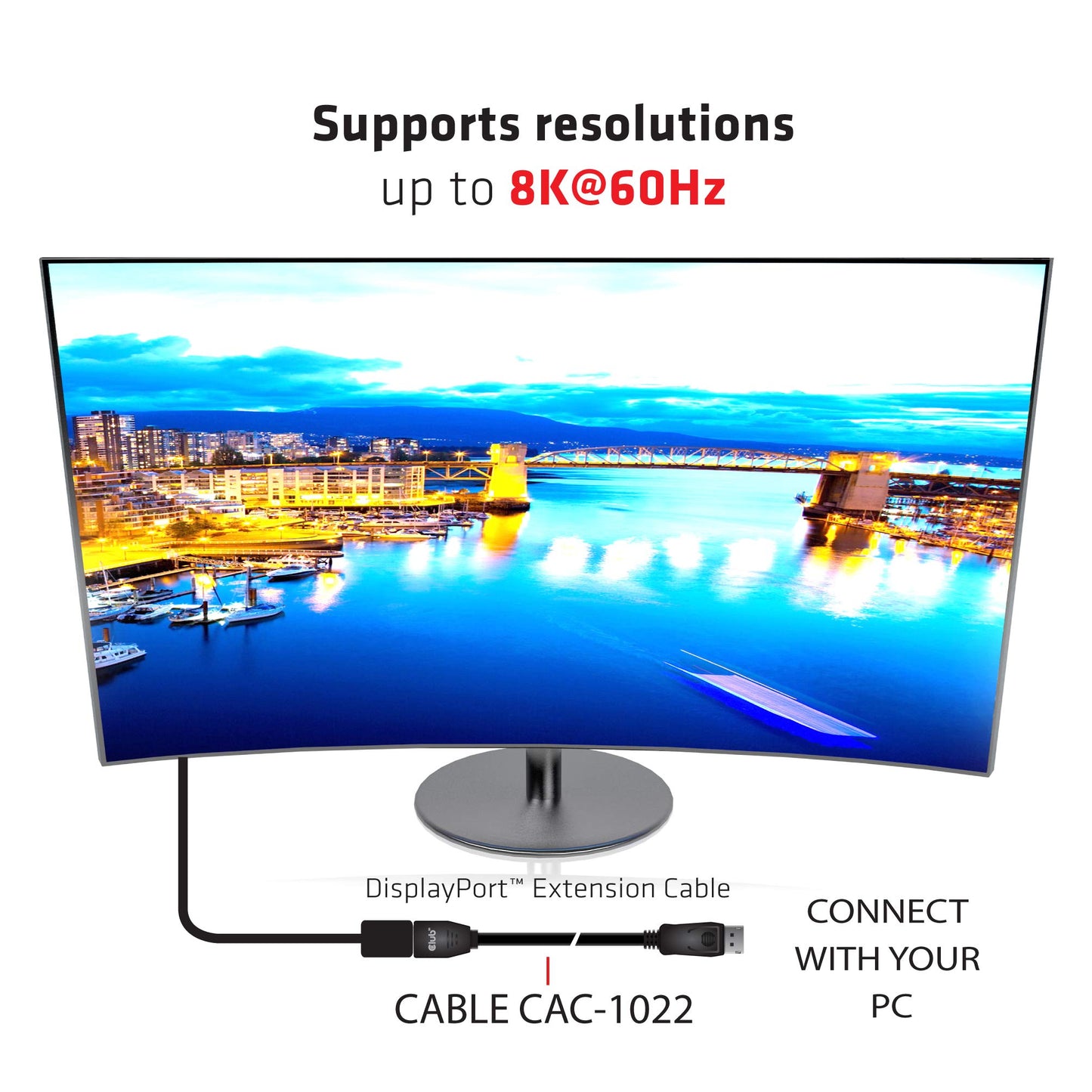 Club 3D CAC-1022 DisplayPort 1.4 HBR3 8K60Hz or 4K144Hz Extension Cable M/F 2m /6.56 ft