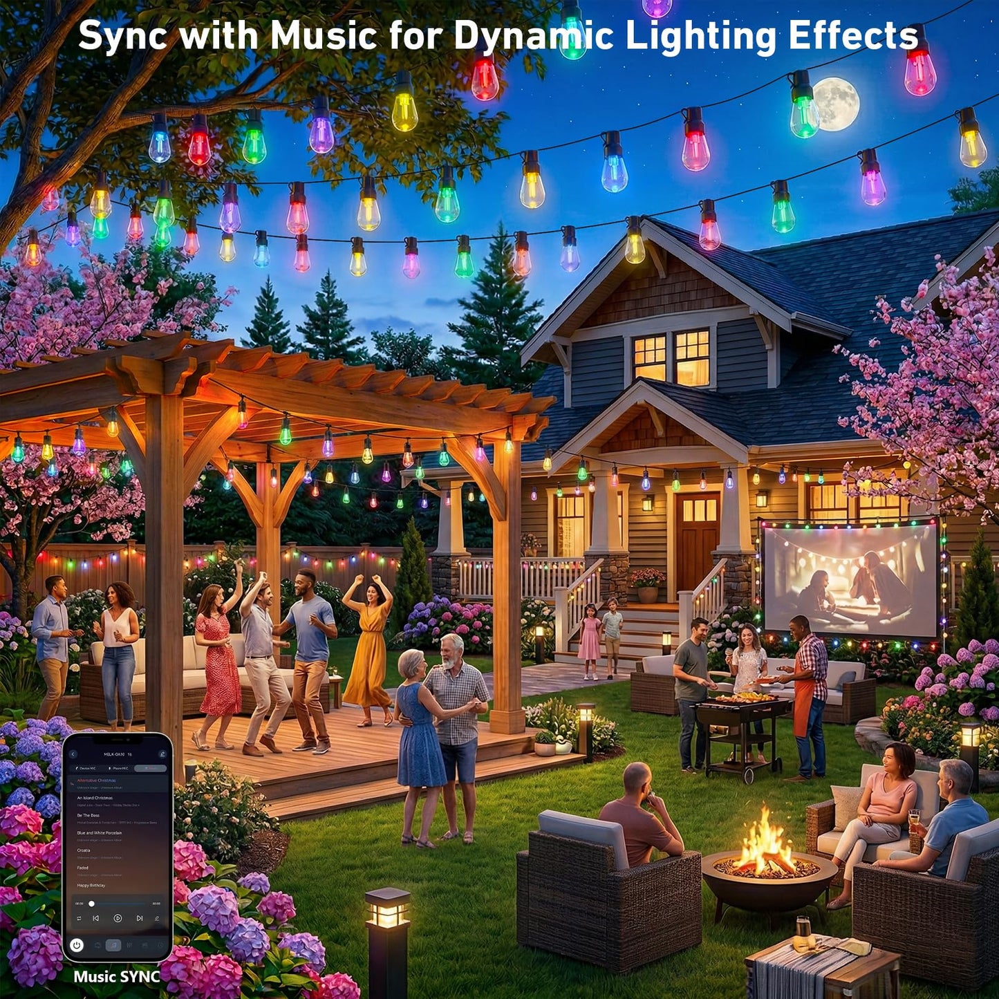 Outdoor String Lights,200FT Smart RGB+IC Patio Lights with Shatterproof LED Bulbs ,Outside Light Dimmable Patio for Decor DIY IP67 Waterproof