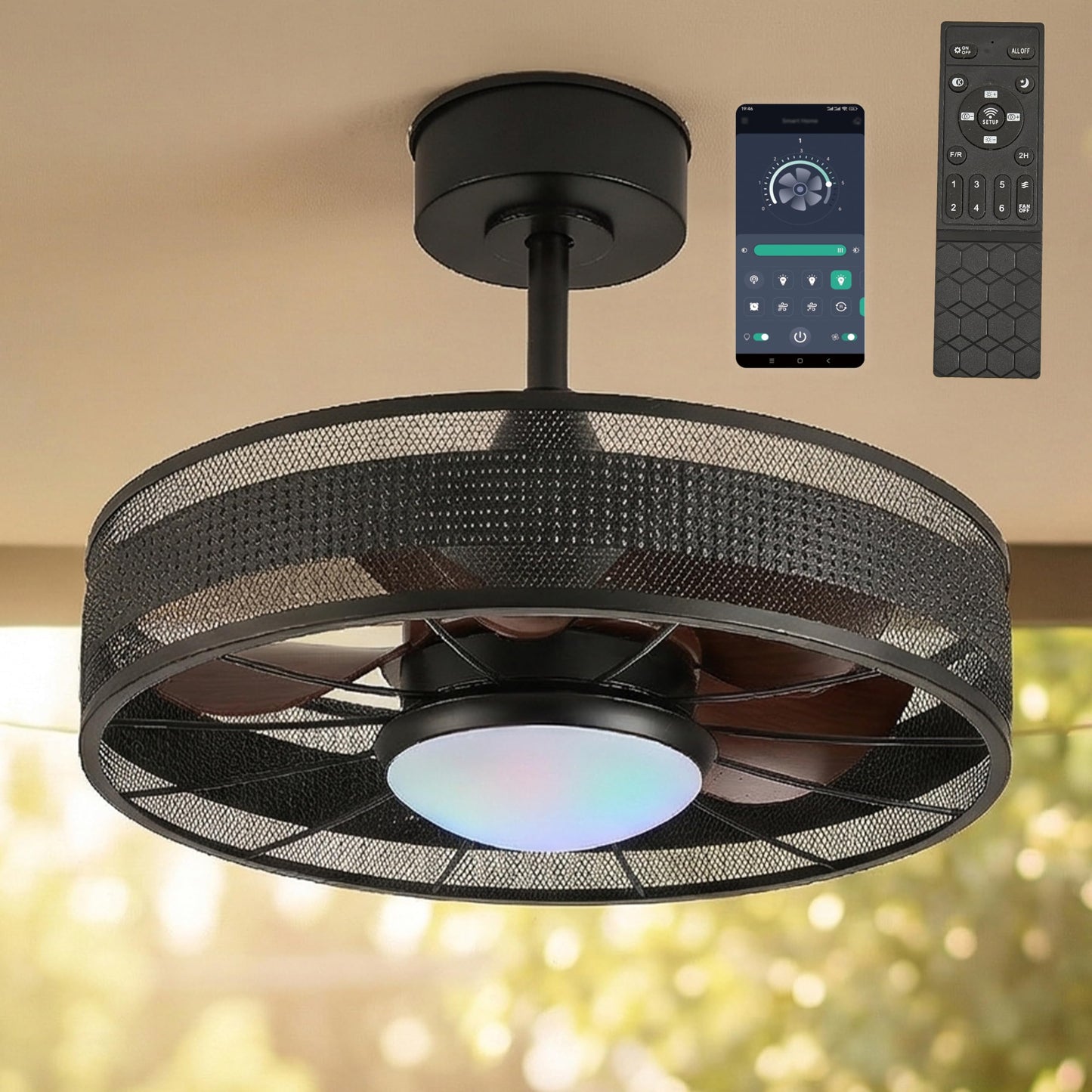 Bewishing 20" Outdoor Indoor Ceiling Fan with Light, IP44 Waterproof Fandelier, RGB & 3 CCT, Smart APP Remote, 6-Speed DC Motor, Cage Design