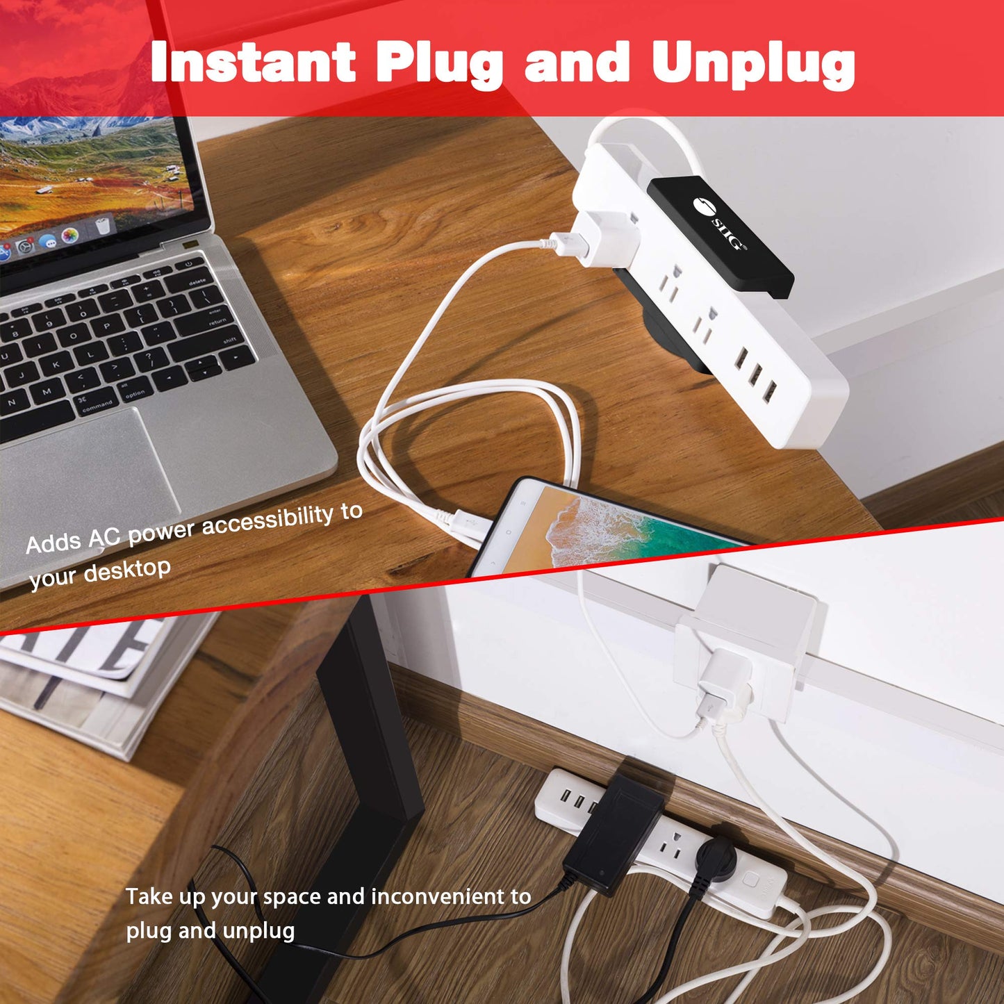 SIIG Powerstrip Clamp Holder with Desk Clamp Fits 0.4" to 2" Table Thickness Mountable Power Outlet Strips - Power Strip Desk Mount with Adjustable