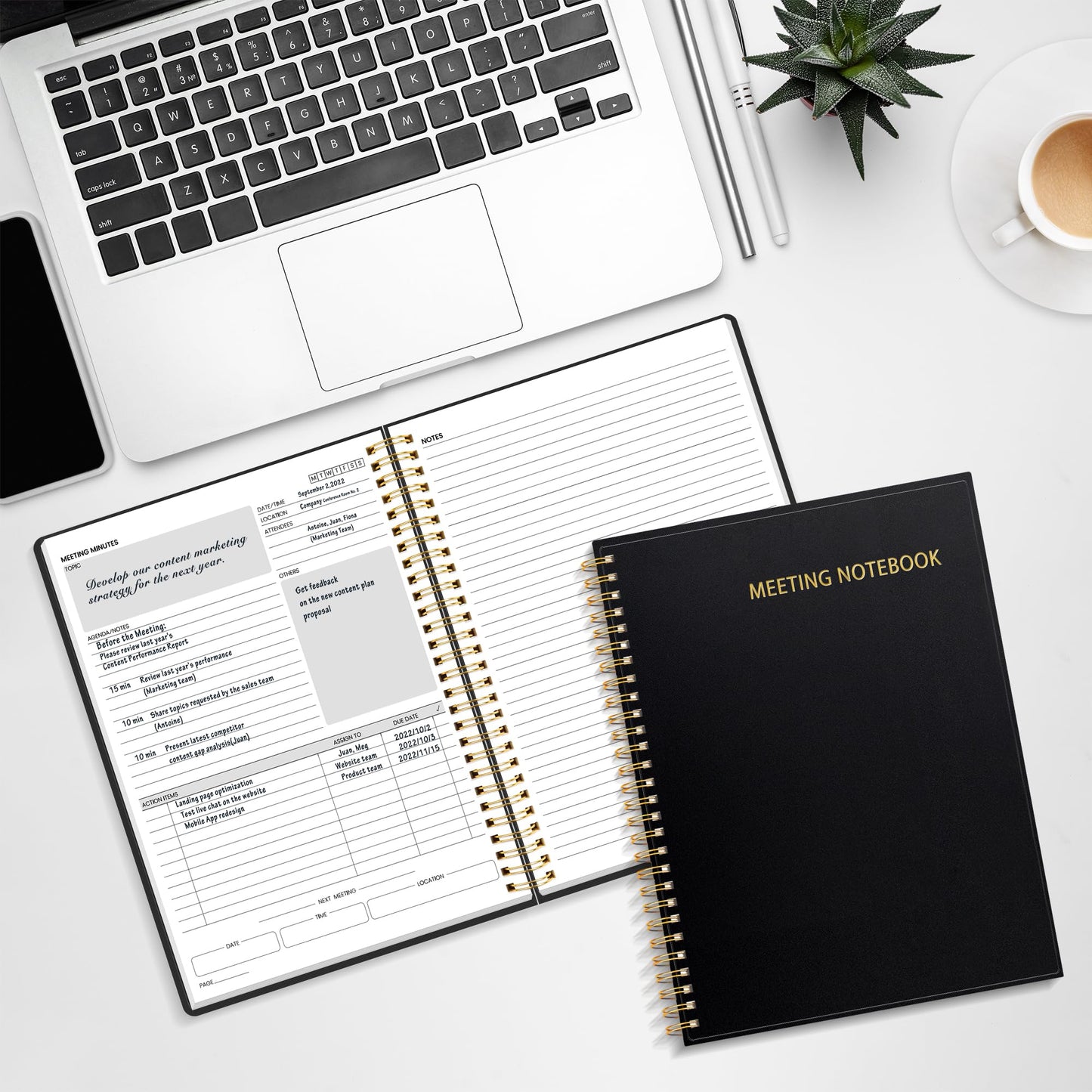 SUNEE Half Meeting Half Note - 7.5"x10" Professional Notebooks for Work - 160 Pages, B5 Size Project Planner, Spiral Meeting Agenda/Minutes Organizer