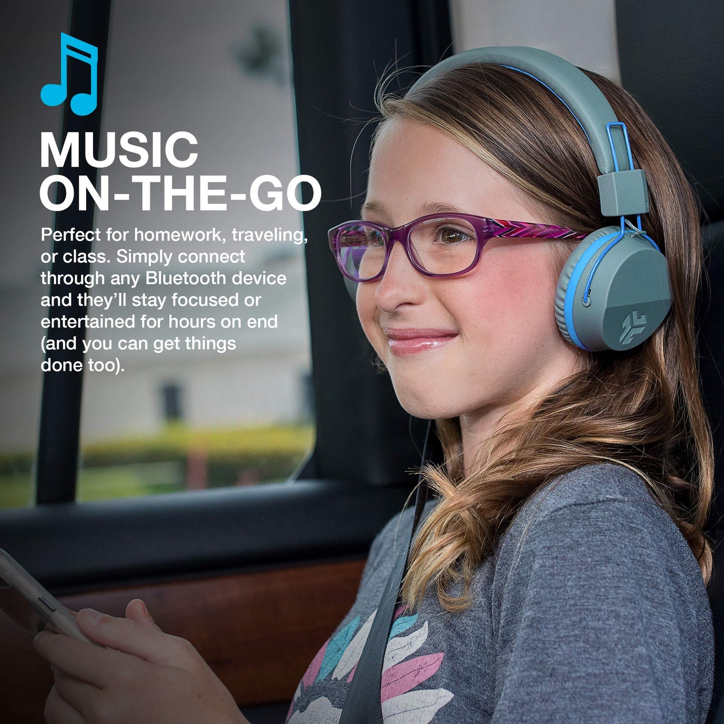 JLab JBuddies Studio Wireless on-Ear Kids Headphones with mic, Graphite/Blue