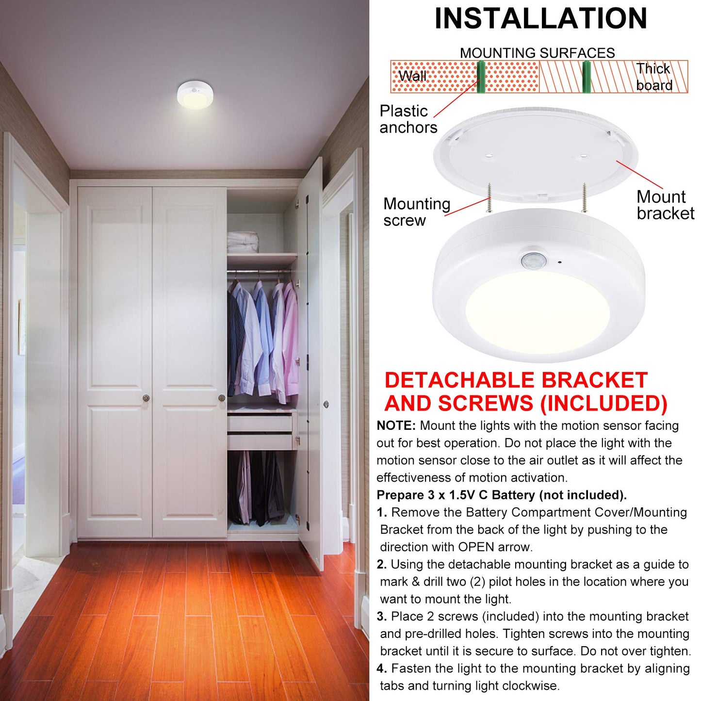 HONGUT Motion Sensor Light Battery Powered Ceiling Light Indoor Overhead Light Wireless Motion Sensor LED Lighting for Bathroom Shower Closet Cabinet