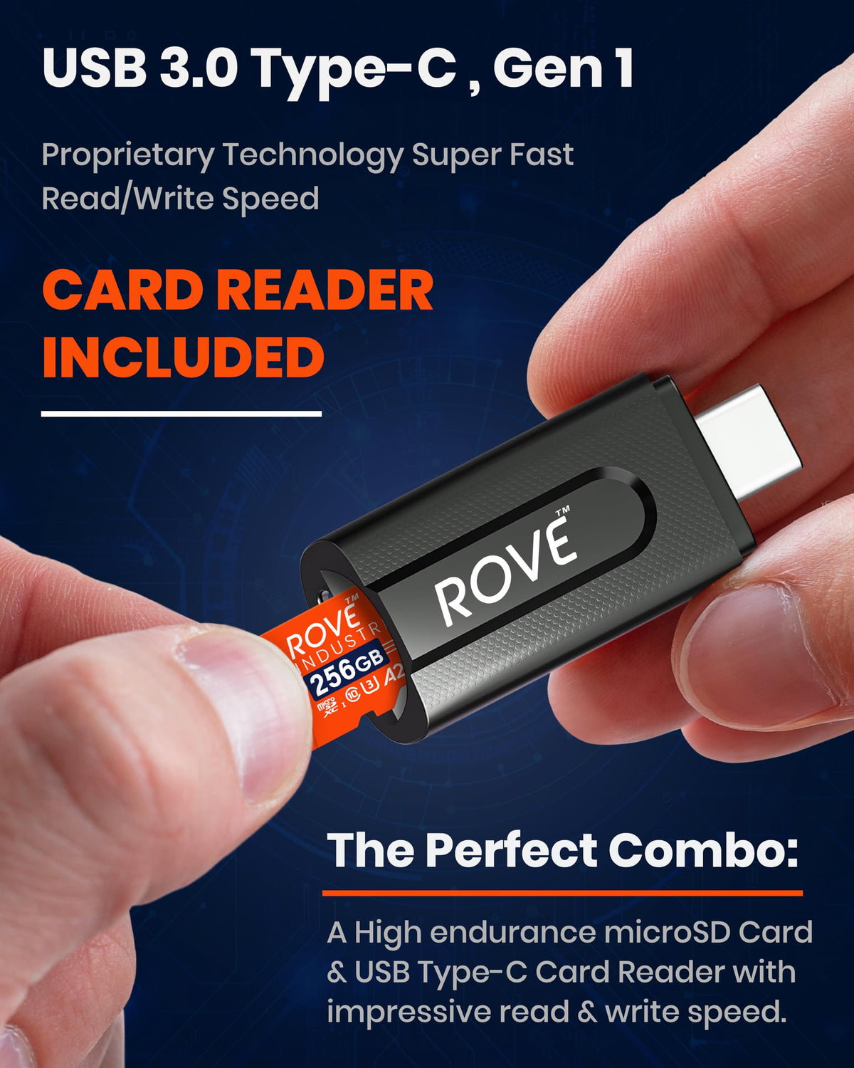 ROVE Industrial 256GB Micro SD Card with USB 3.0 Type C Card Reader, High Endurance microSDXC Memory Card 100MB/s Read Speed, C10, U3, V30, 4K, A2