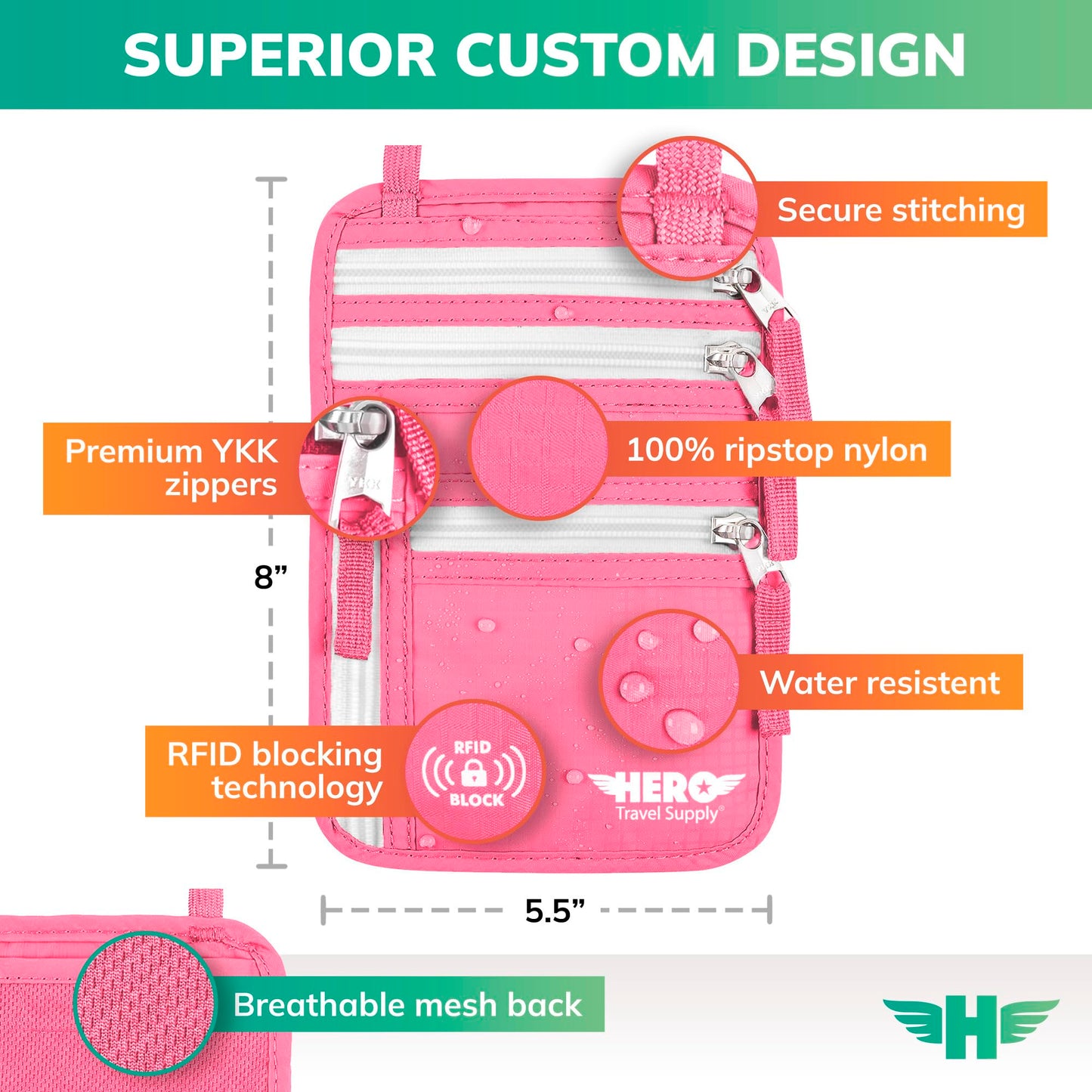 Hero Travel Supply Neck Wallet, RFID Blocking Passport Holder, Easy to Conceal Pouch (Hot Pink)