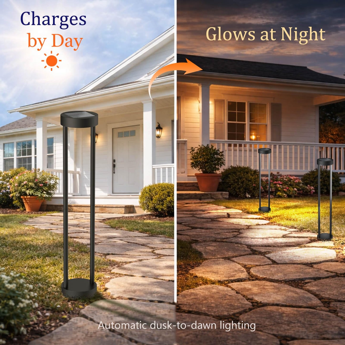 Solar Outdoor Floor Lamp, Modern Bollard Pathway Light, Stainless Steel & Iron Waterproof Garden Landscape Lighting for Yard Patio Walkway (24" H