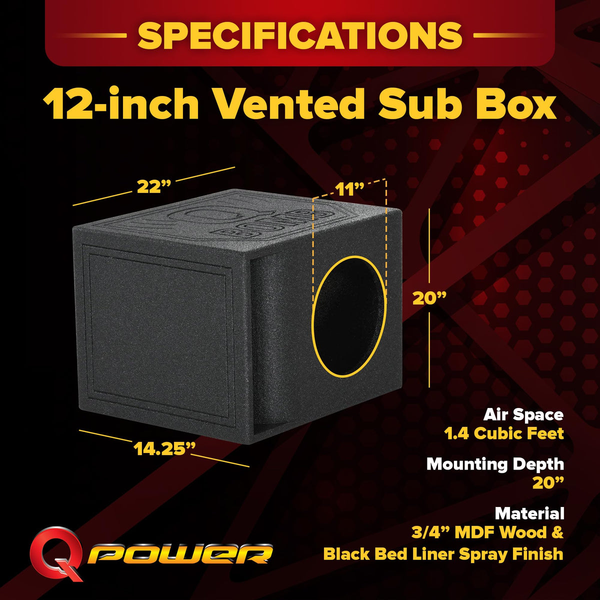 QPower Single 12" Vented Car Audio Subwoofer Box, 1.4 Cu Ft Airspace