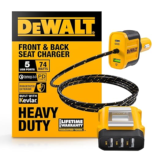 DEWALT Heavy Duty 72W 5 Port USB Car Charger Multiport, iPhone 16 Multi USB Car Charger, Fast Charge PD & QC3.0 Cigarette Lighter Adapter w/ 6FT