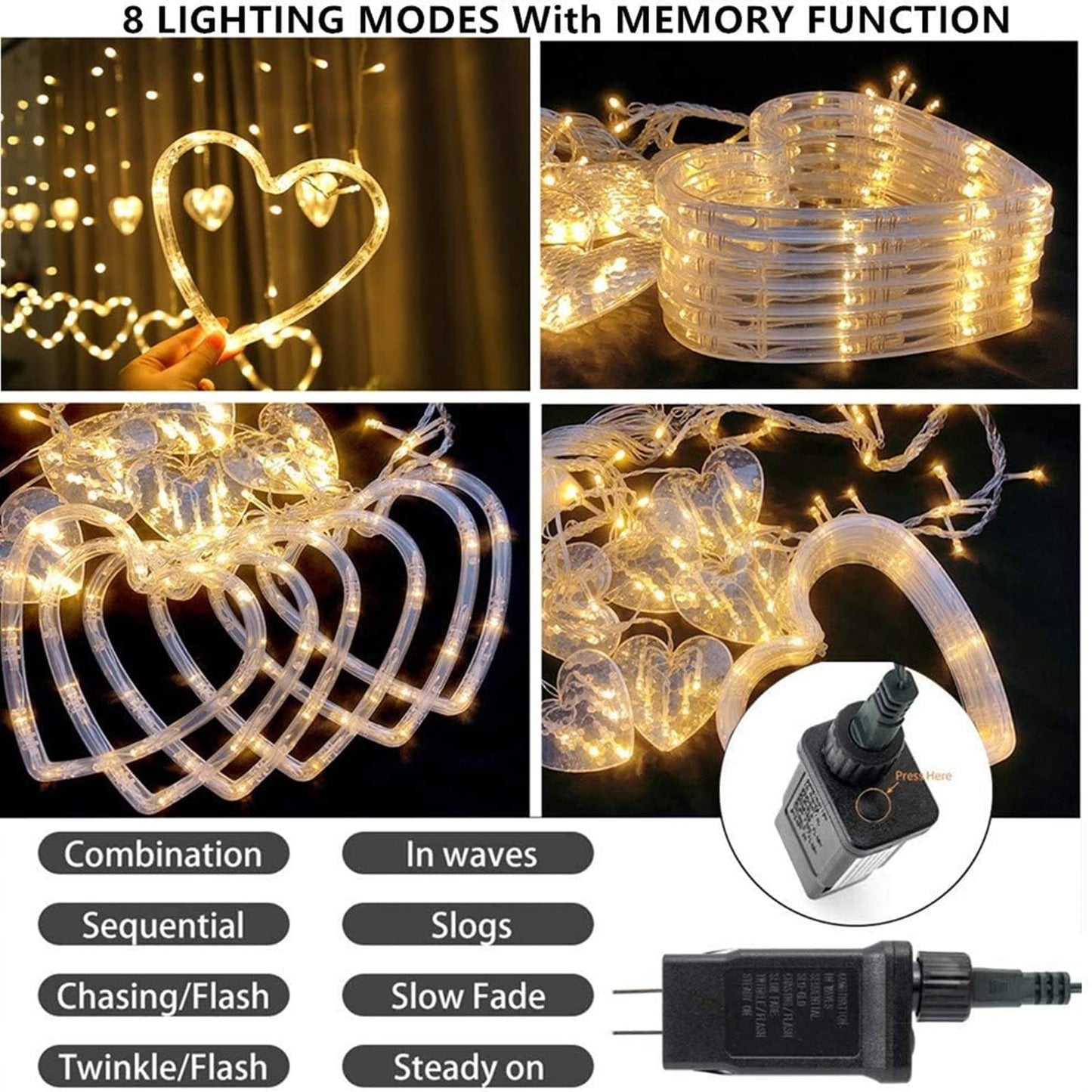 Efunly Valentines Day Decor Lights,138 LED 12-Heart-Shaped String Lights Waterproof,8 Modes Connetable 29V Plug in Curtain Lights for Kids Bedroom