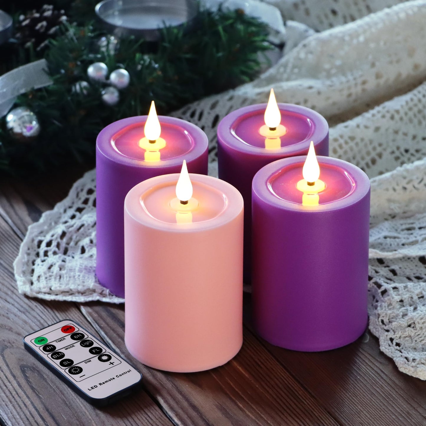 Yunsheng Flameless Advent Candles Purple and Pink, 5 Inch Battery Operated LED Pillar Candles With Remote Timer, 350+ Hours Long Lasting for Christmas