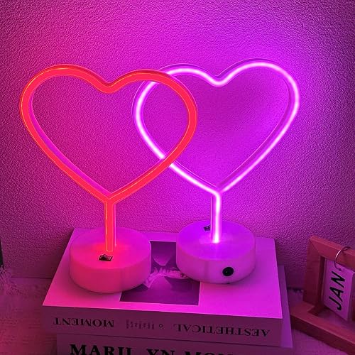 EMINGSKY Red & Pink Heart Neon Signs 2 Pack, LED Wall Light for Room Decor