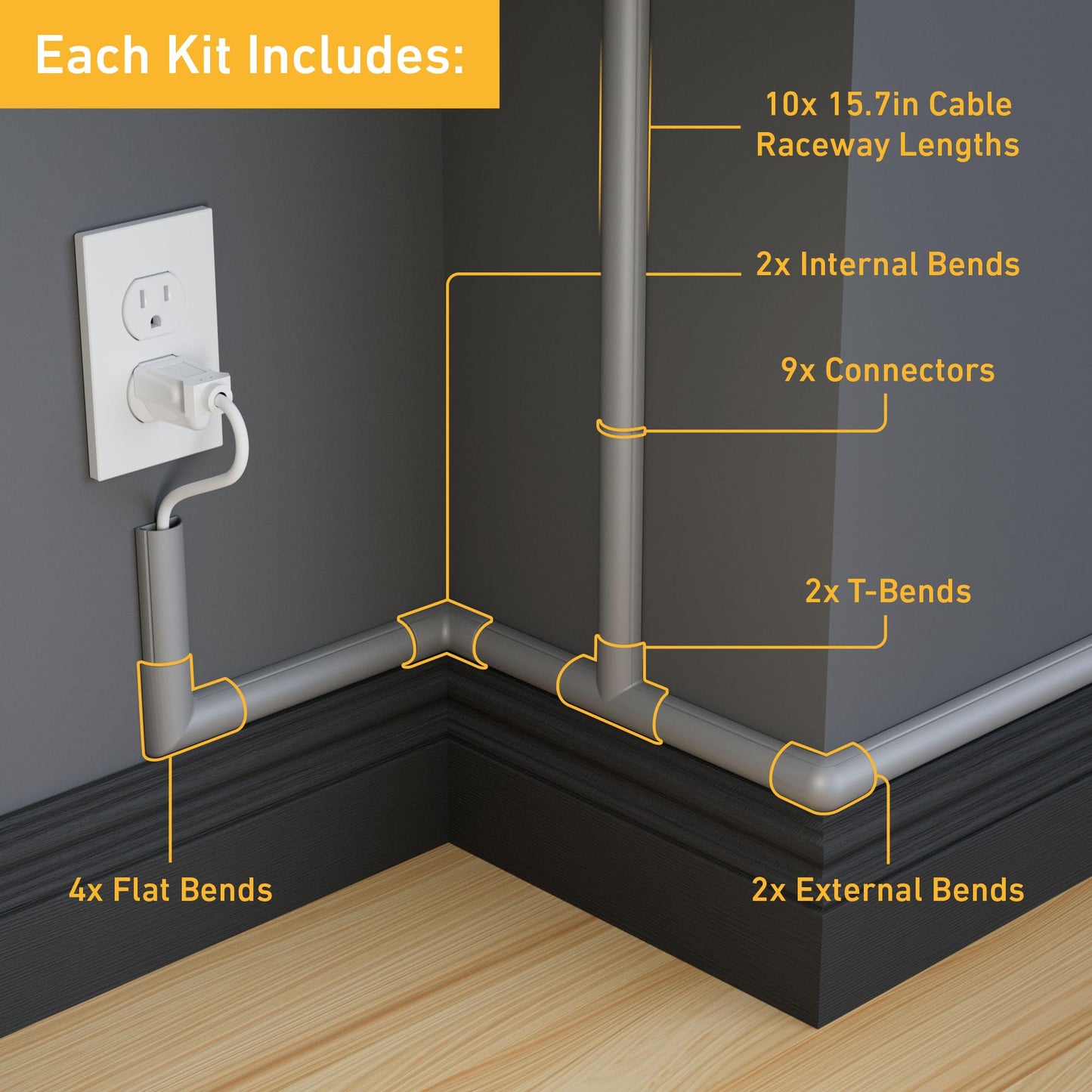 D-Line 157in Cord Cover Kit, Self-Adhesive Wire Hiders, Cable Raceway to Hide Wires on Wall, Electrical Cable Management - 10x 15.7 Lengths & 19